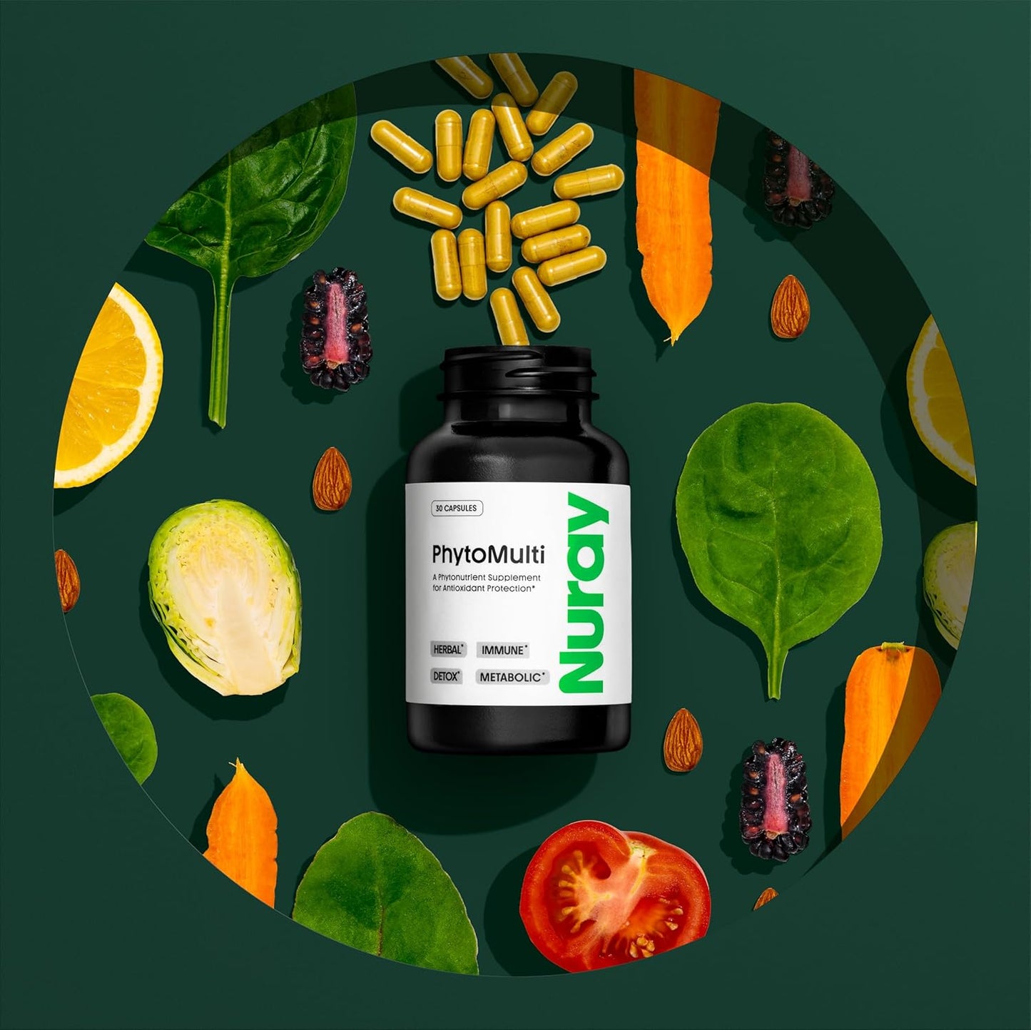 30 Vegetarian Capsules of Nuray PhytoActive Supplement with Broccoli Sprout Powder, Herbal Extracts for Immune Support, Metabolism, and Detox - Gluten-Free GN-PhytoActive