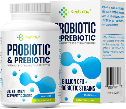 300 Billion CFU Probiotics for Gut Health - Organic Prebiotics Blend, 12 Strains Probiotic Supplement for Women and Men - 60 Capsules