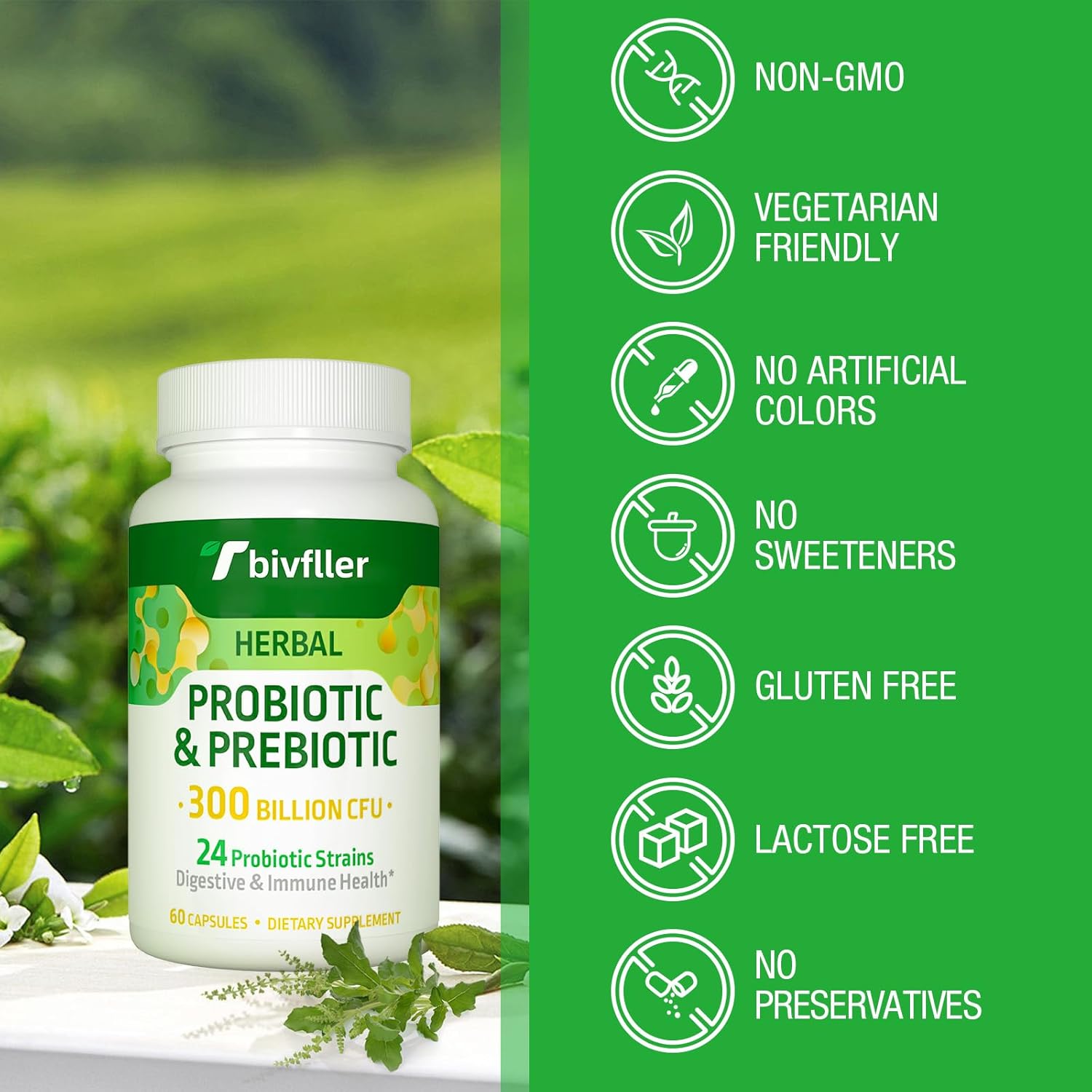 300 Billion CFU Probiotics for Women and Men with 24 Strains, Organic Herbs, Prebiotics, Digestive Health, Immune Support, Vegan - 6 Month Supply