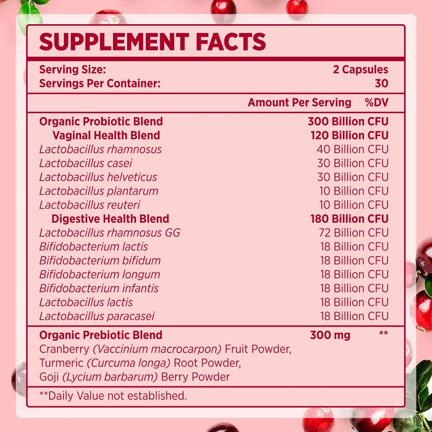 300 Billion CFU Probiotics for Women with Cranberry - 12 Strains for Vaginal & Urinary Health - 180 Capsules