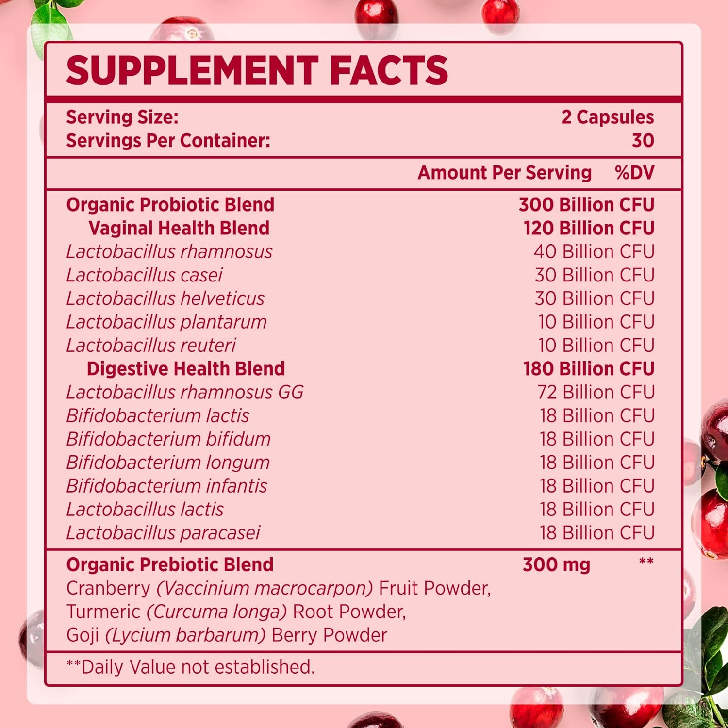 300 Billion CFU Probiotics for Women with Cranberry - 12 Strains for Vaginal & Urinary Health - 180 Capsules
