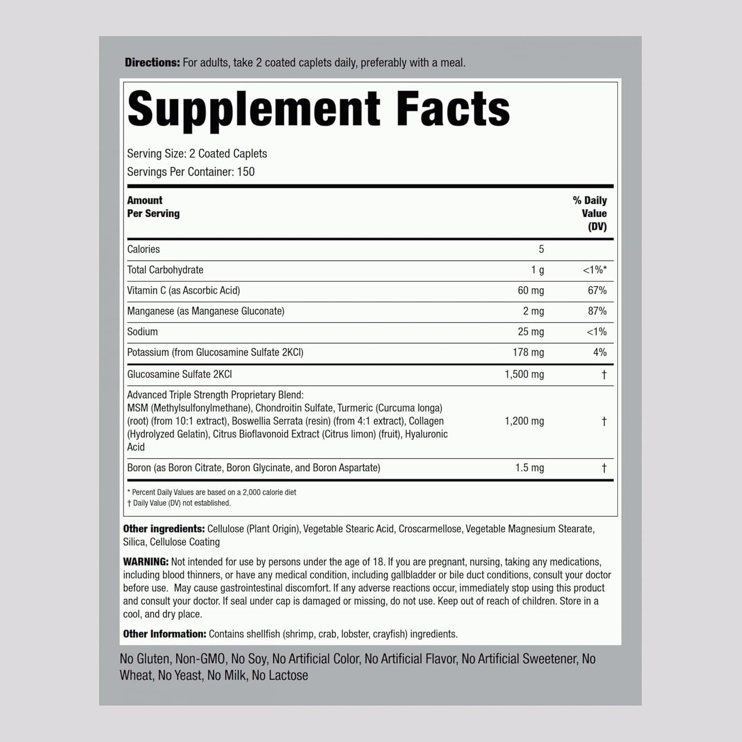 300 Caplets Piping Rock Glucosamine Chondroitin Triple Strength Supplement with MSM and Turmeric - Non-GMO, Gluten Free Formula
