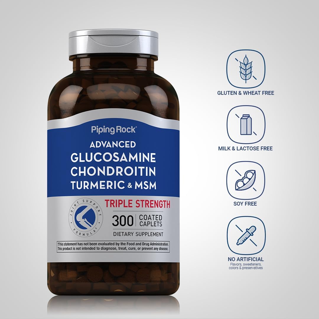300 Caplets Piping Rock Glucosamine Chondroitin Triple Strength Supplement with MSM and Turmeric - Non-GMO, Gluten Free Formula