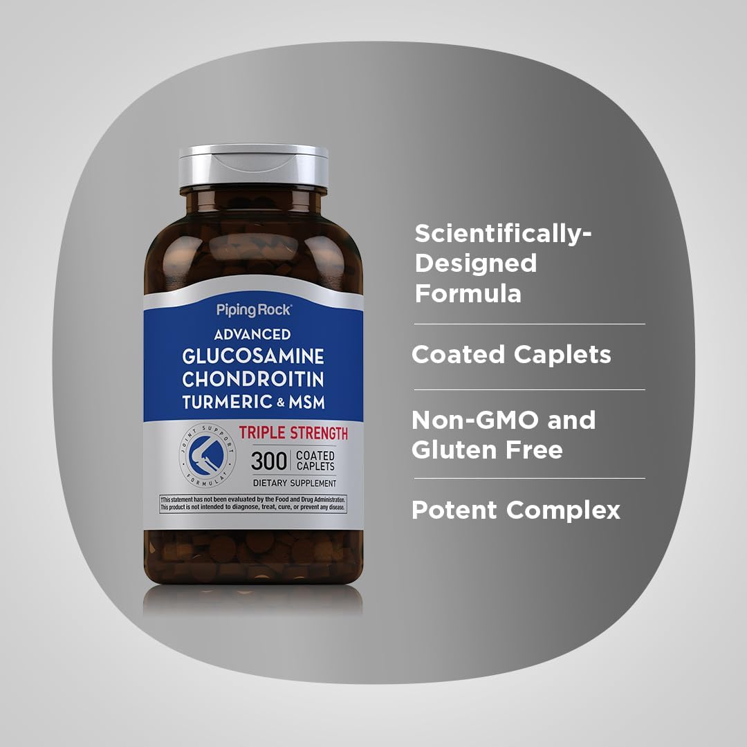 300 Caplets Piping Rock Glucosamine Chondroitin Triple Strength Supplement with MSM and Turmeric - Non-GMO, Gluten Free Formula