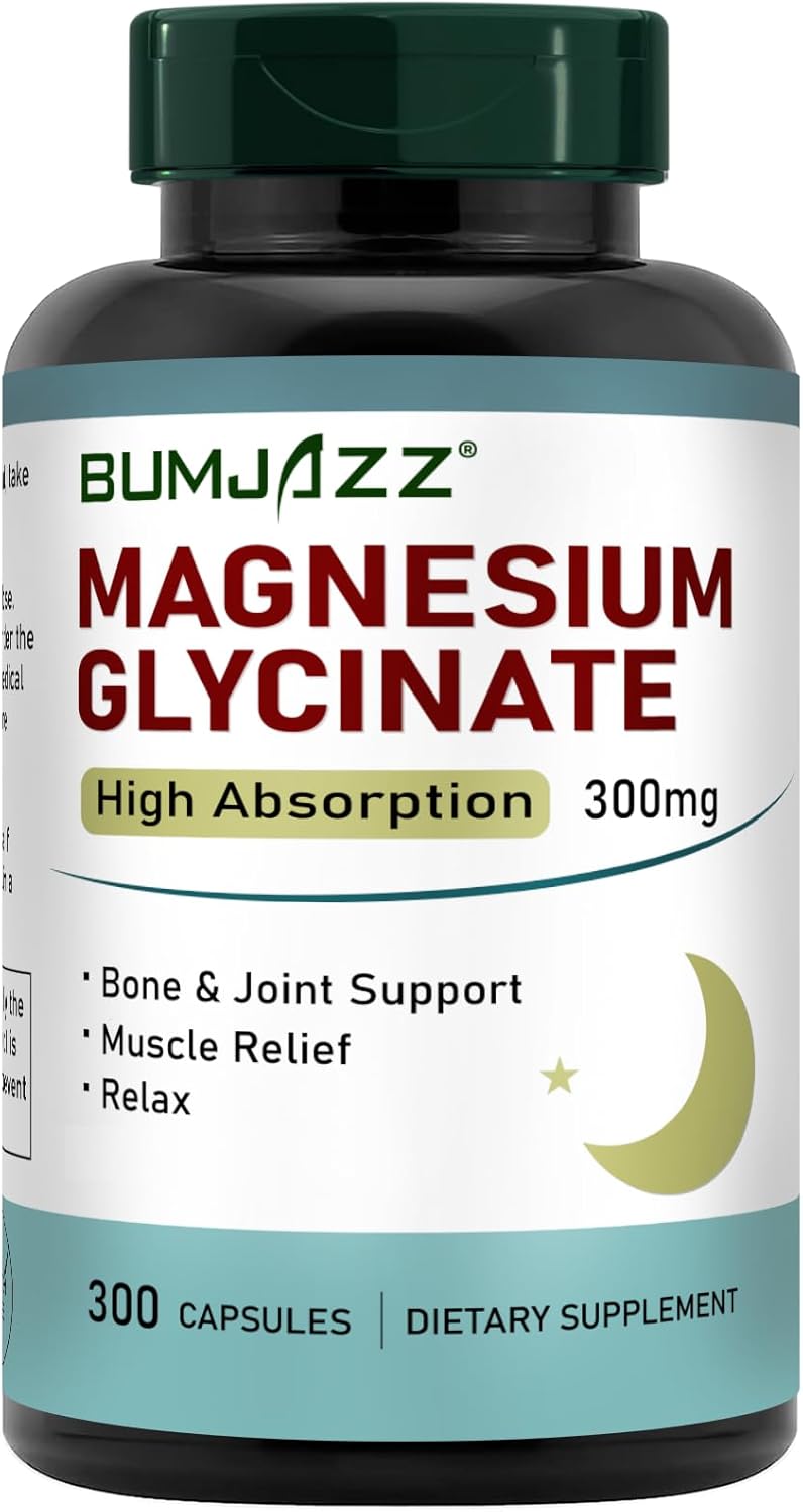 300 Capsules of Bumjazz Magnesium Glycinate - High Absorption 300mg Vegan Mineral Supplement