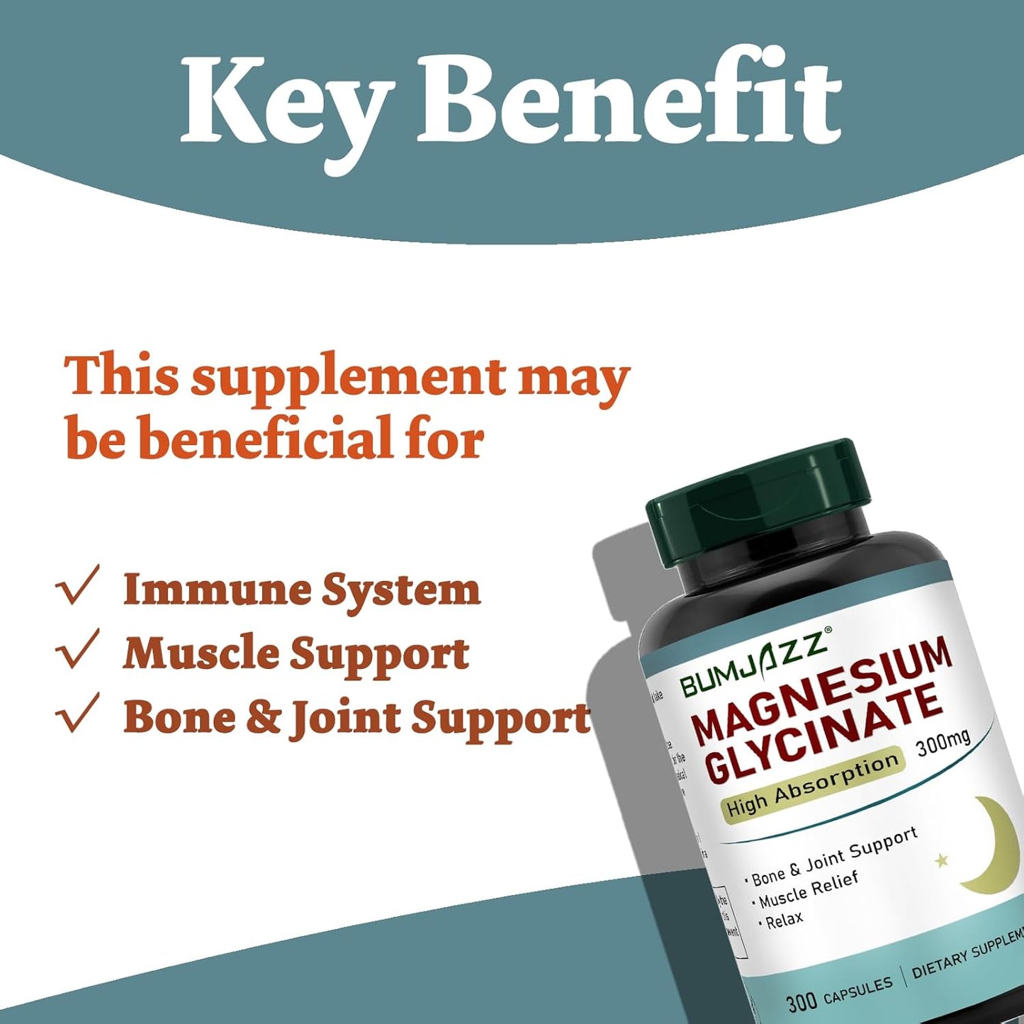 300 Capsules of Bumjazz Magnesium Glycinate - High Absorption 300mg Vegan Mineral Supplement
