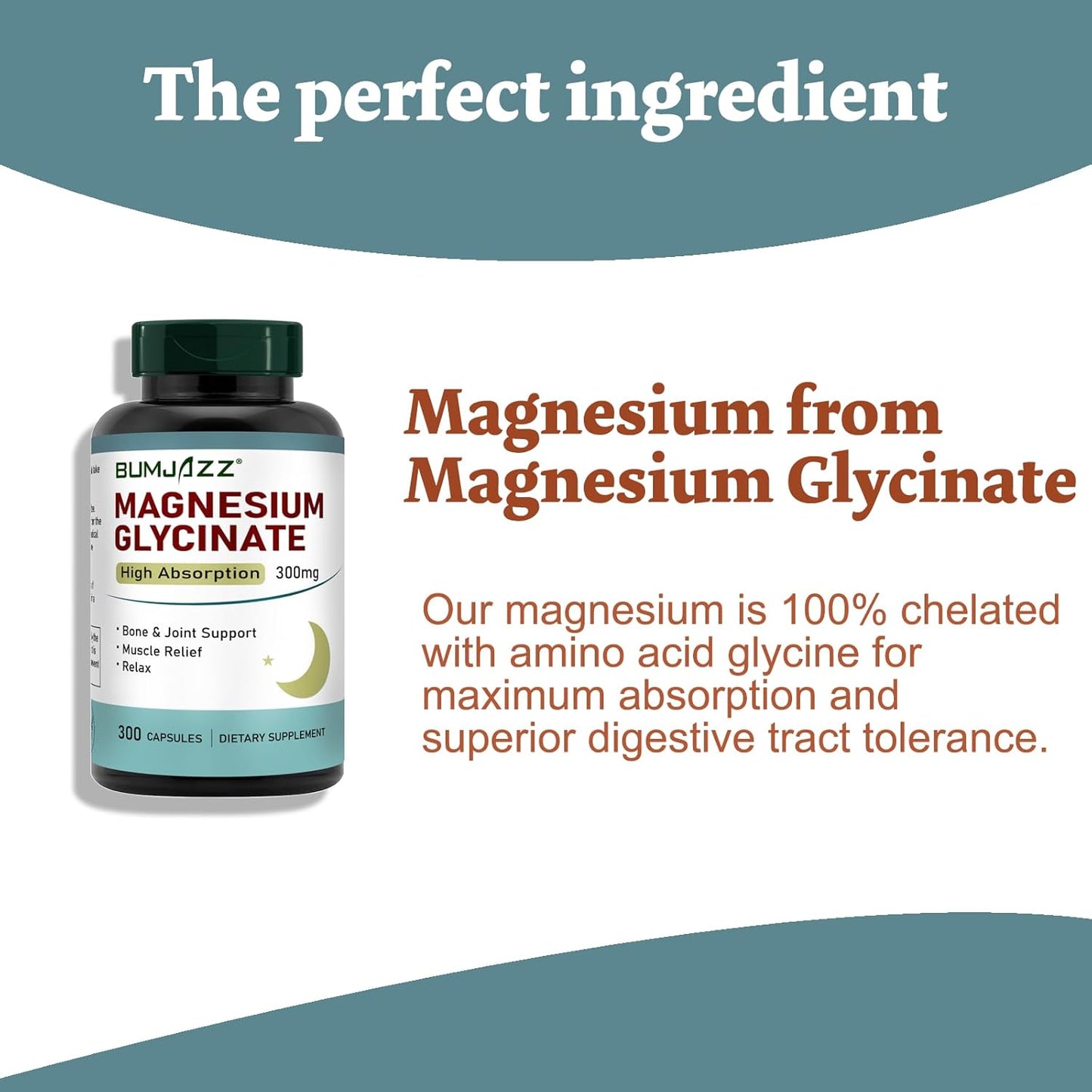 300 Capsules of Bumjazz Magnesium Glycinate - High Absorption 300mg Vegan Mineral Supplement