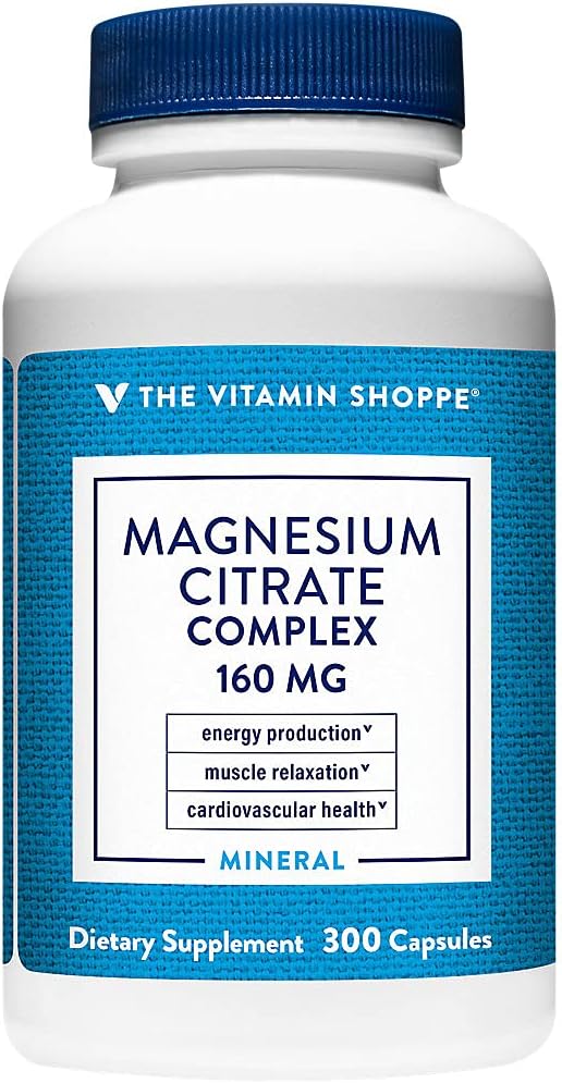 300 Capsules of The Vitamin Shoppe Magnesium Citrate Complex - 160MG Mineral Supplement for Bone, Teeth, and Energy Support