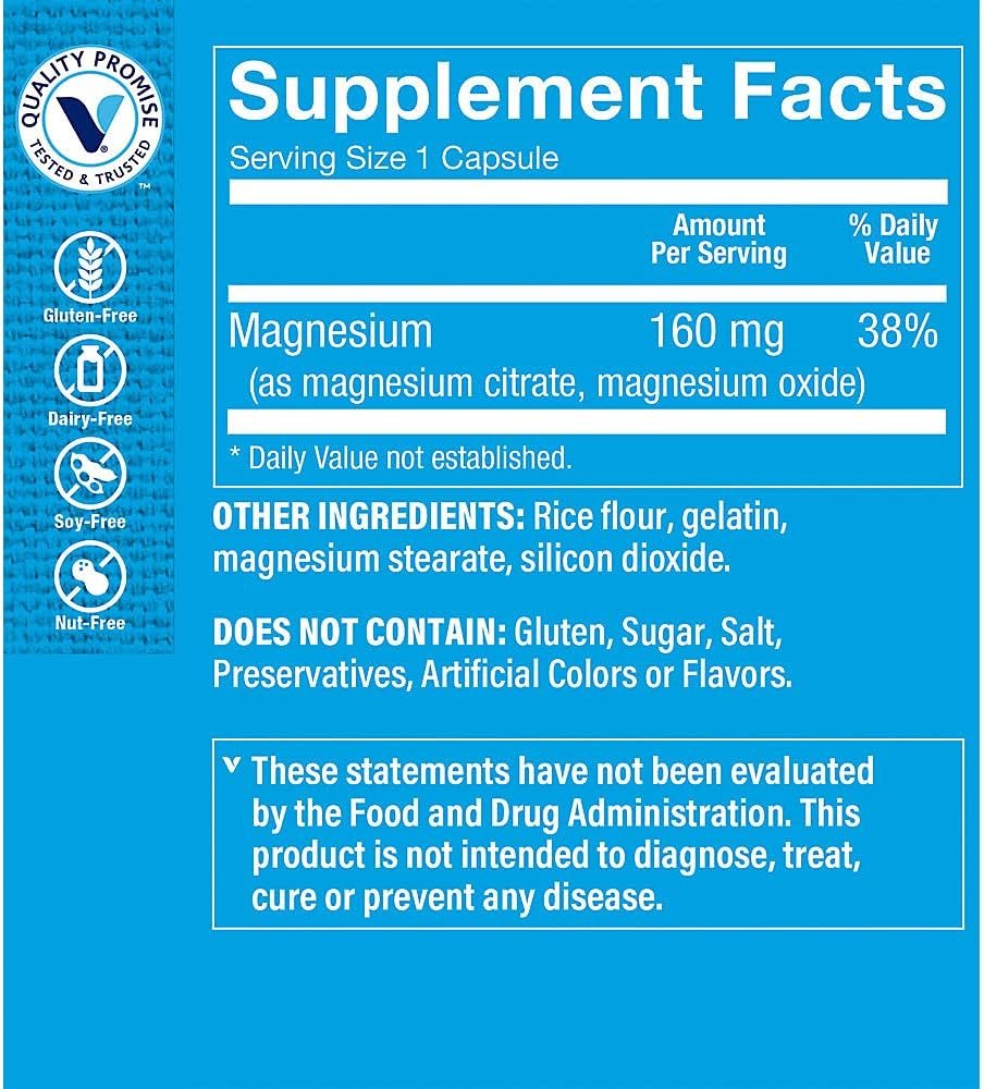 300 Capsules of The Vitamin Shoppe Magnesium Citrate Complex - 160MG Mineral Supplement for Bone, Teeth, and Energy Support