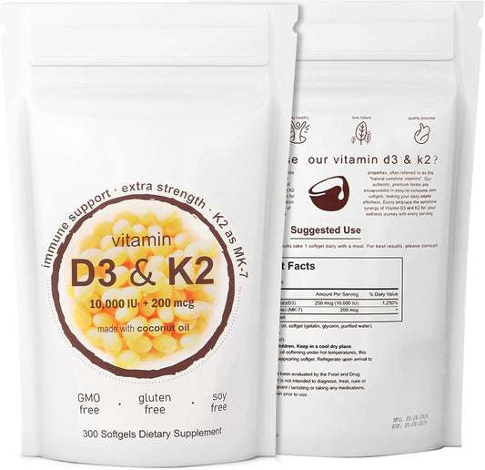 300 Count Civavo Vitamin D3 K2 Softgel Supplement for Calcium Absorption - 10000 IU VIT D3 + 200 MCG Vitamin K2, Non-GMO & Gluten-Free - BoostGo Australia