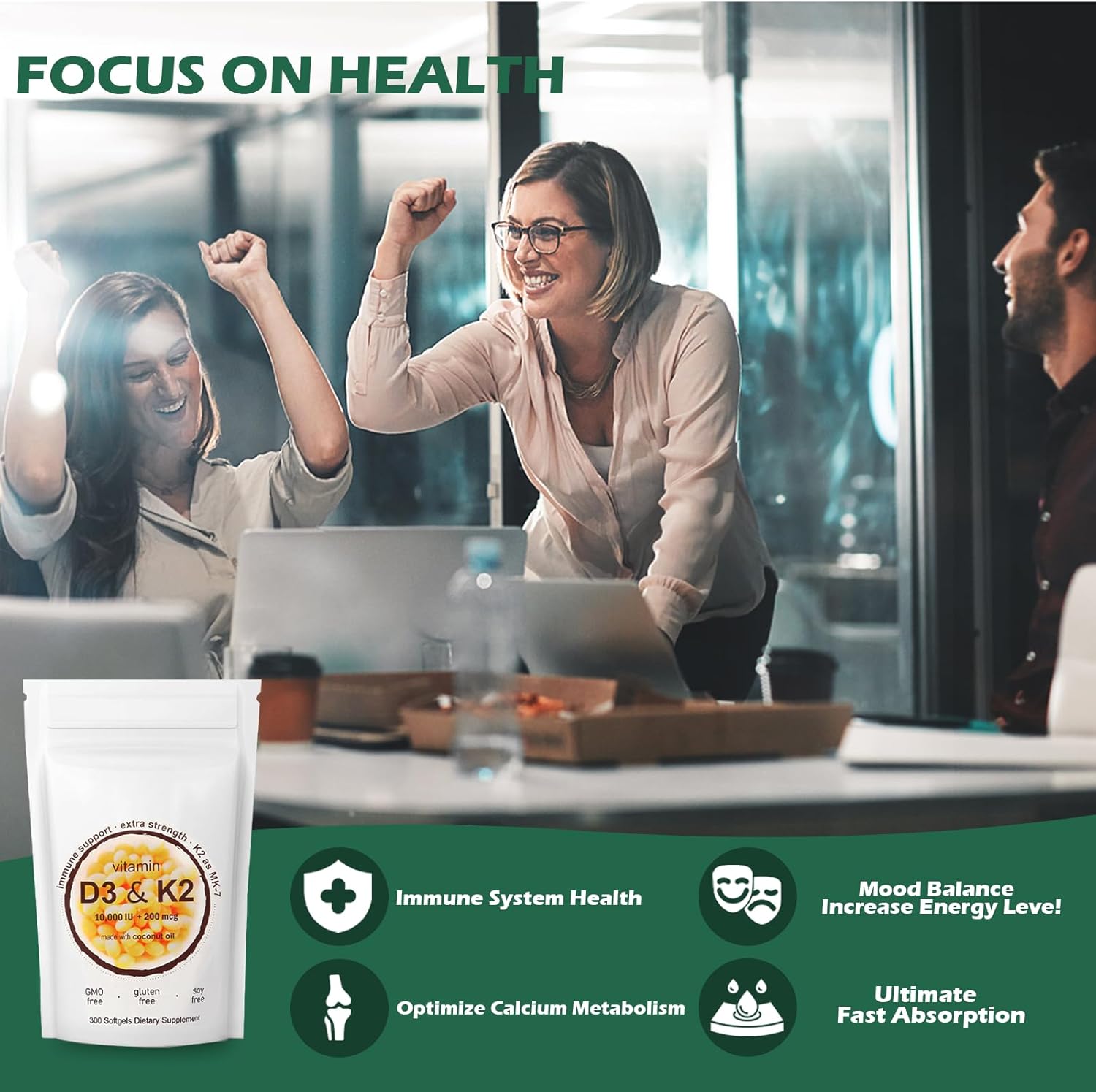 300 Count Civavo Vitamin D3 K2 Softgel Supplement for Calcium Absorption - 10000 IU VIT D3 + 200 MCG Vitamin K2, Non-GMO & Gluten-Free - BoostGo Australia