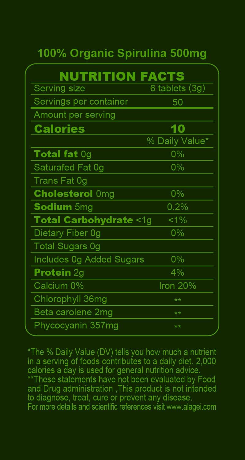300 Count King DNARMSA Certified Organic Spirulina Tablets 500mg - Rich in Beta-Carotene & B-12 - Non-GMO Superfood Supplement