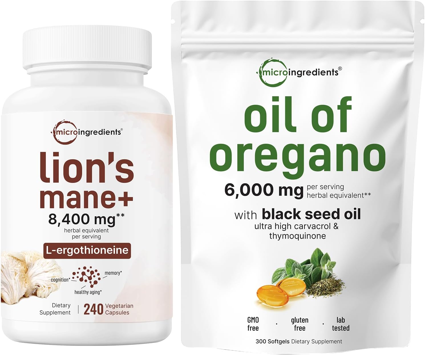 300 Count Oil of Oregano Softgels & 240 Lions Mane Capsules Bundle - Superfood Mushroom Antioxidants with Carvacrol & Thymoquinone