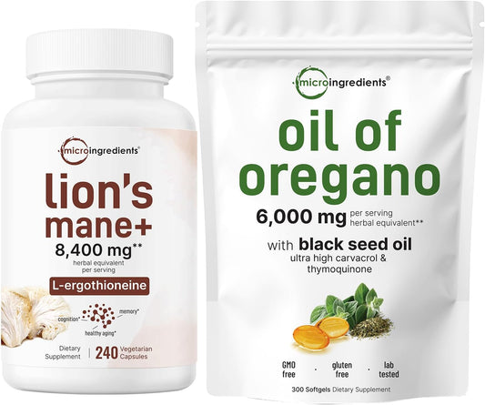 300 Count Oil of Oregano Softgels & 240 Lions Mane Capsules Bundle - Superfood Mushroom Antioxidants with Carvacrol & Thymoquinone