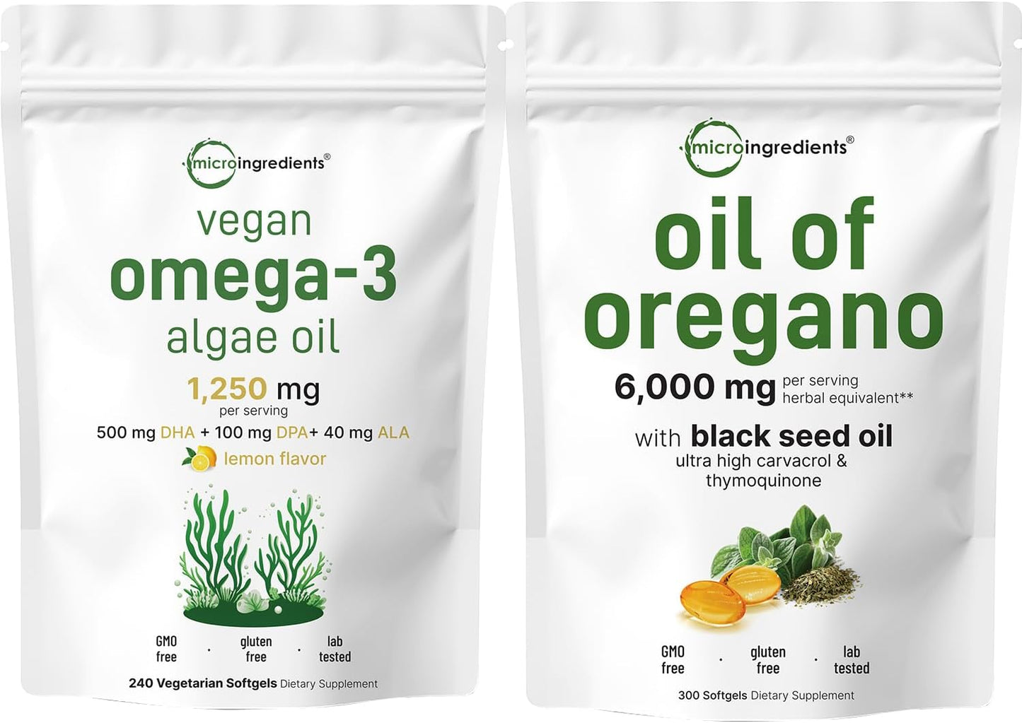 300 Count Oil of Oregano Softgels & Vegan Omega 3 Algae Oil Bundle | Carvacrol & Thymoquinone | Full Spectrum Omega-3 Supplement Pack
