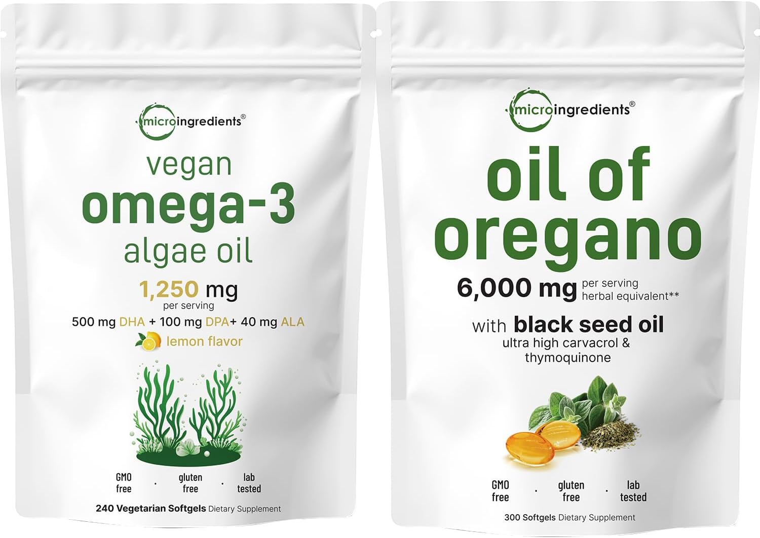 300 Count Oil of Oregano Softgels & Vegan Omega 3 Algae Oil Bundle | Carvacrol & Thymoquinone | Full Spectrum Omega-3 Supplement Pack