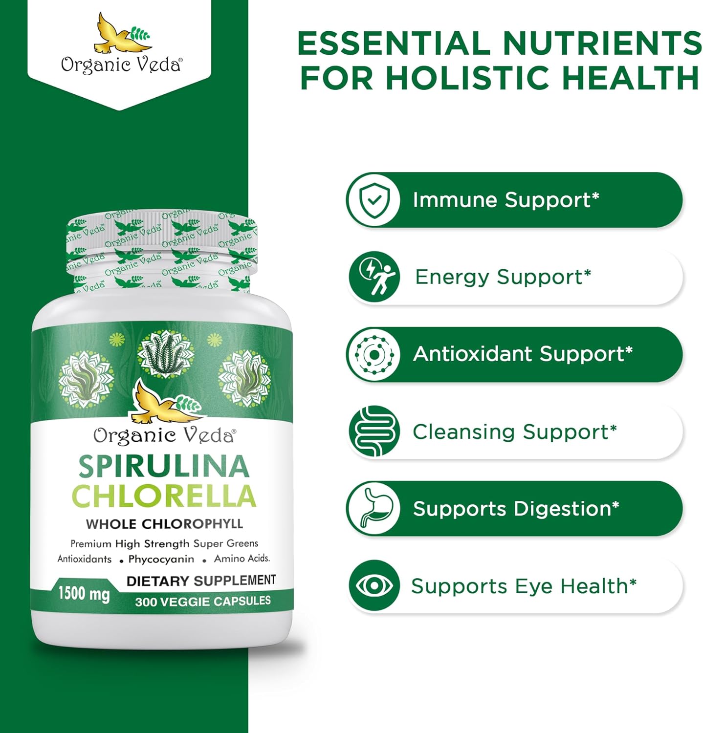 300 Count Organic Veda Spirulina & Chlorella Capsules - 1500mg Super Green Antioxidants for Immunity & Energy Boost - Rich in Phycocyanin & Amino Acids - Digestion Support