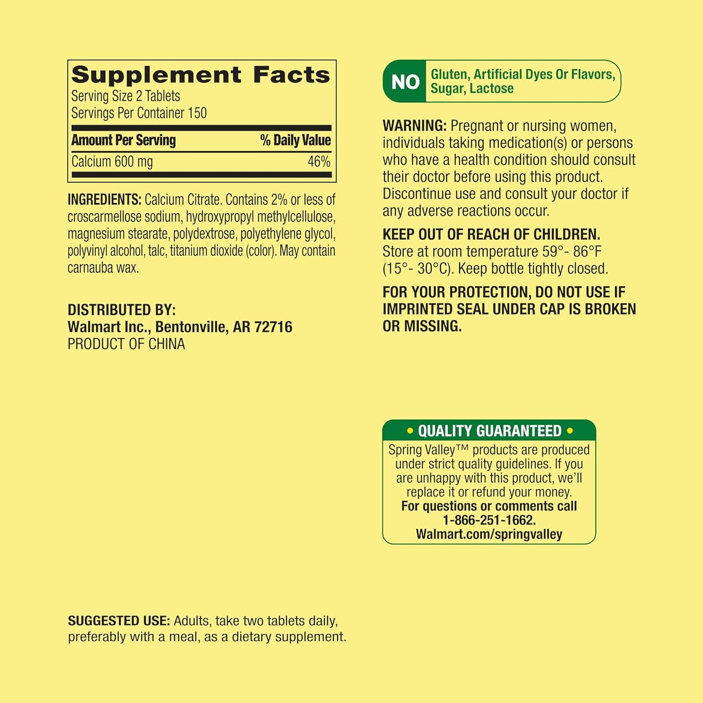 300 Count Spring Valley Calcium Citrate Tablets Dietary Supplement - 600 mg Formula by Maker Explorador - Private Label Gift Card Included