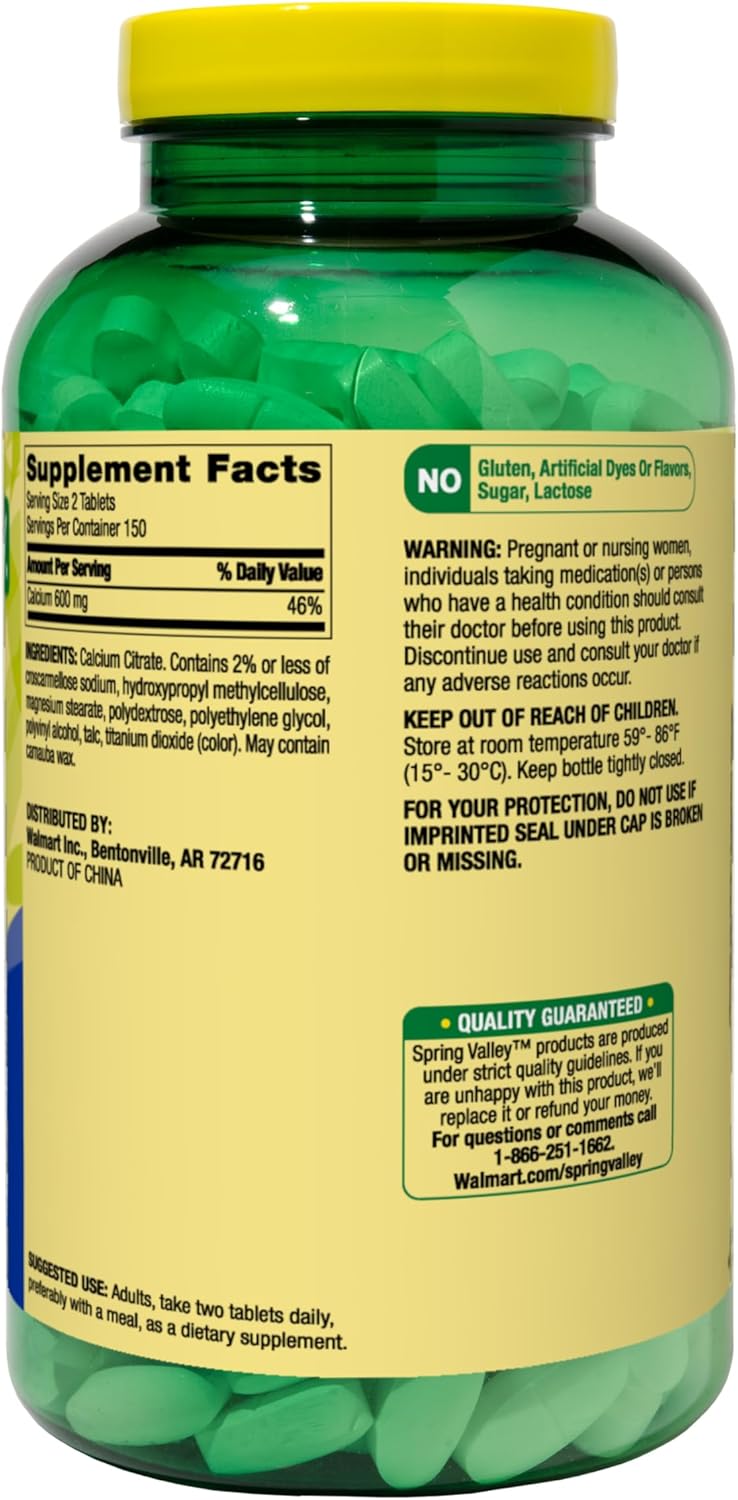 300 Count Spring Valley Calcium Citrate Tablets Dietary Supplement - 600 mg Formula by Maker Explorador - Private Label Gift Card Included