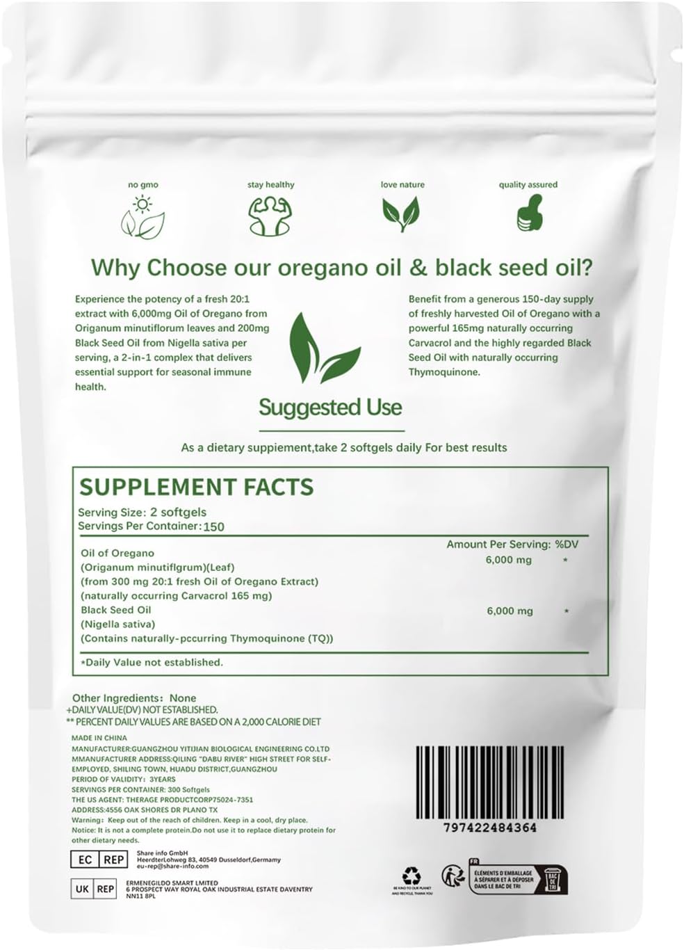 300 Non-GMO Oregano Oil Softgels with Black Seed Oil for Seasonal Immune Support, Gluten Free Dietary Supplement