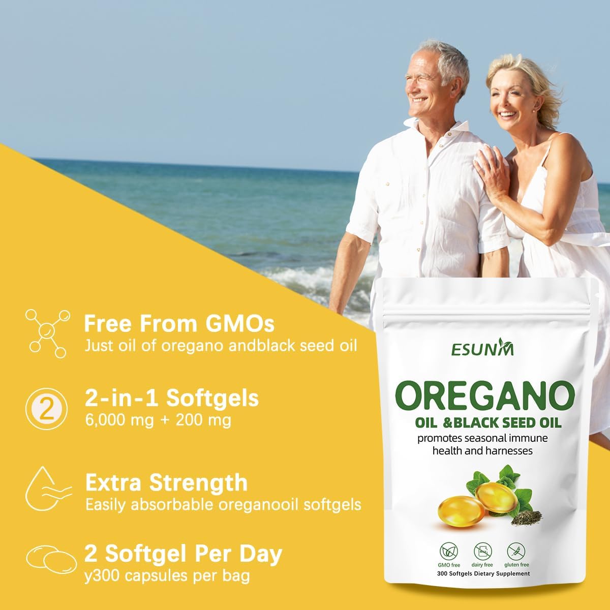 300 Non-GMO Oregano Oil Softgels with Black Seed Oil for Seasonal Immune Support, Gluten Free Dietary Supplement