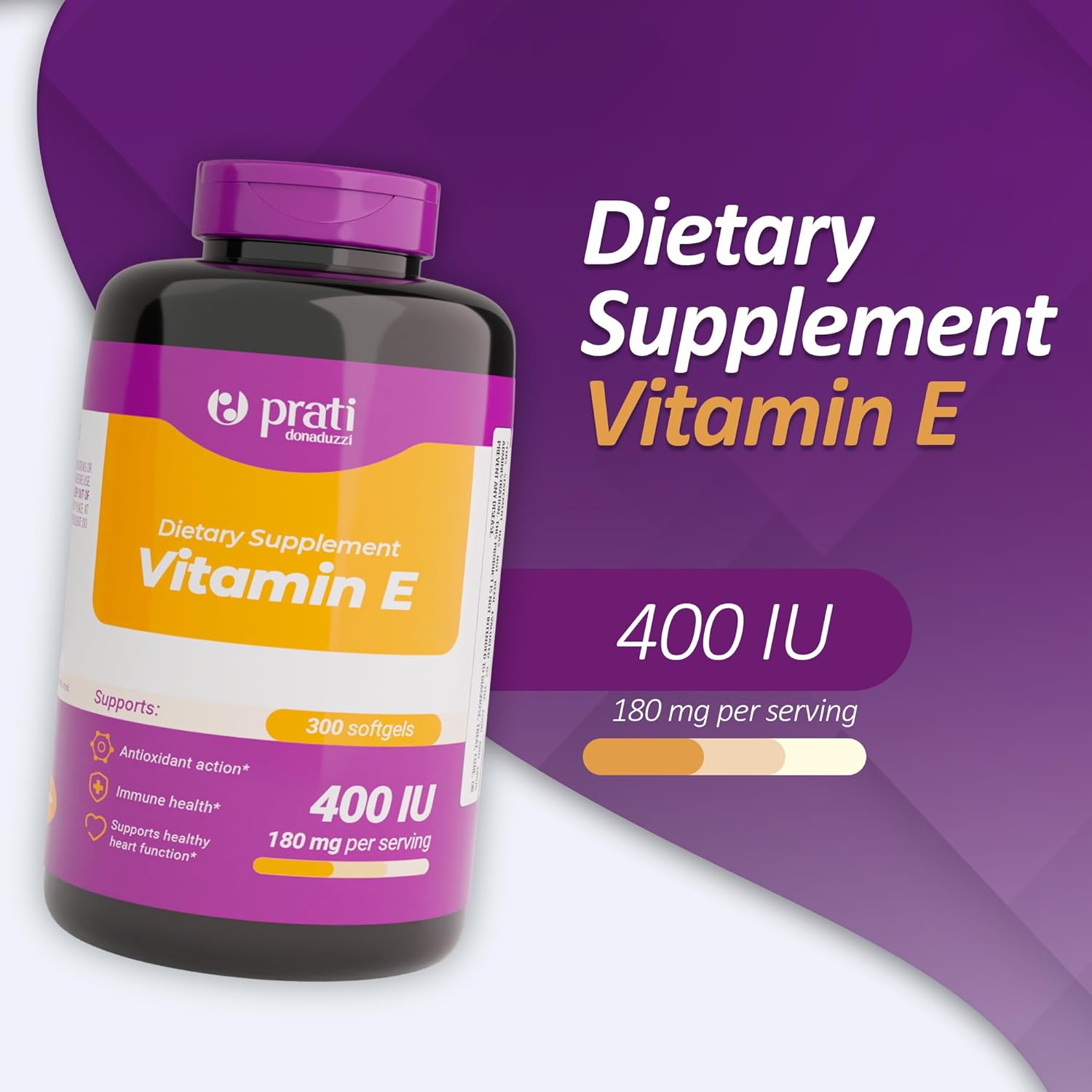 300 Soft Gel Capsules of Prati Donaduzzi Vitamin E 400 IU - Antioxidant Support for Skin, Hair, and Cell Health - Non-GMO, Gluten-Free - Promotes Healthy Aging and Immune Function for Adults and Seniors