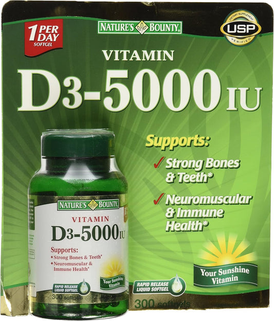 300 Softgels Nature's Bounty Vitamin D3 5000 IU for Immune Support and Bone Health