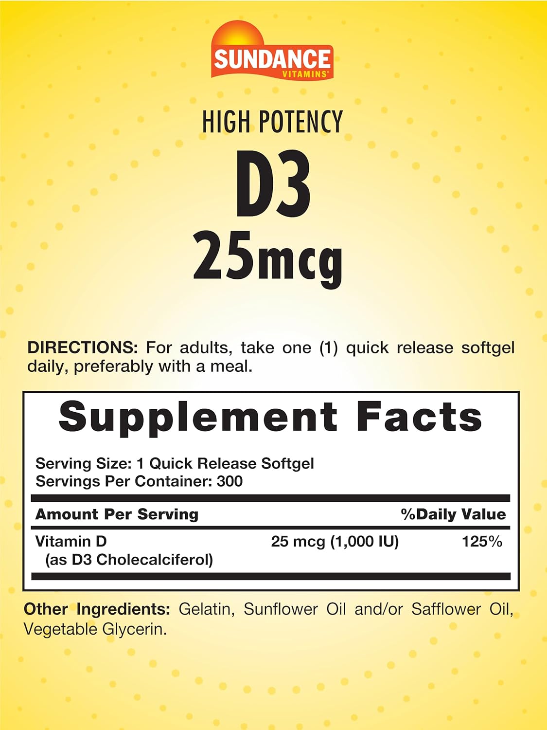 300 Softgels of Sundance High Potency Vitamin D3 1000 IU Formula | Non-GMO & Gluten Free