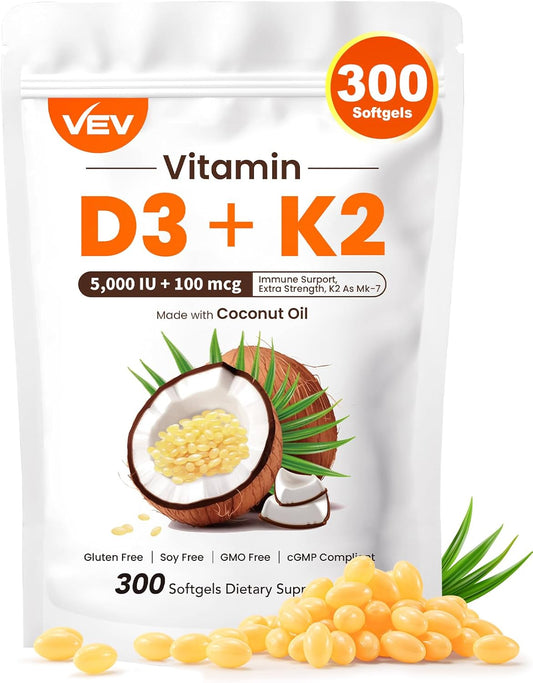 300 Softgels VEV Vitamin D3 K2 Supplement with Coconut Oil, 5000 IU D3 100mcg K2 (MK 7), Promotes Bone Health and Calcium Absorption, Easy-to-Swallow Formula
