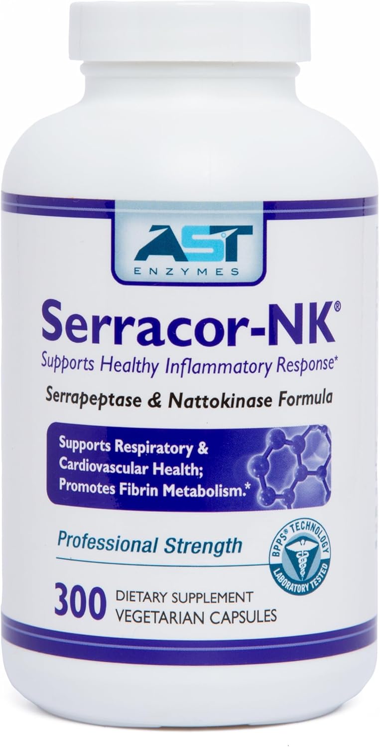 300 Vegetarian Capsules of AST Enzymes Serracor-NK for Circulatory and Respiratory Support - Natural Enzymes Formula with Serrapeptase & Nattokinase