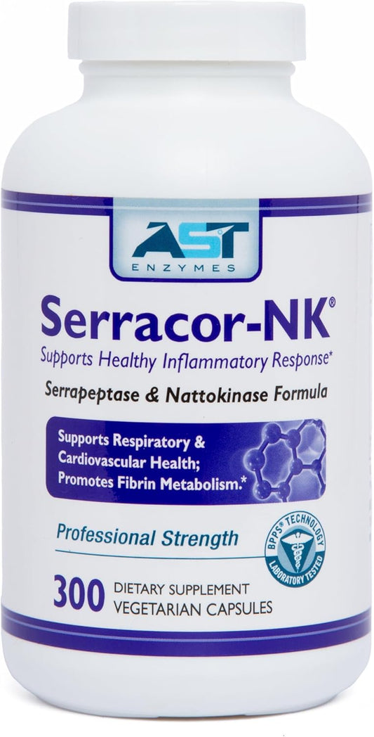 300 Vegetarian Capsules of AST Enzymes Serracor-NK for Circulatory and Respiratory Support - Natural Enzymes Formula with Serrapeptase & Nattokinase