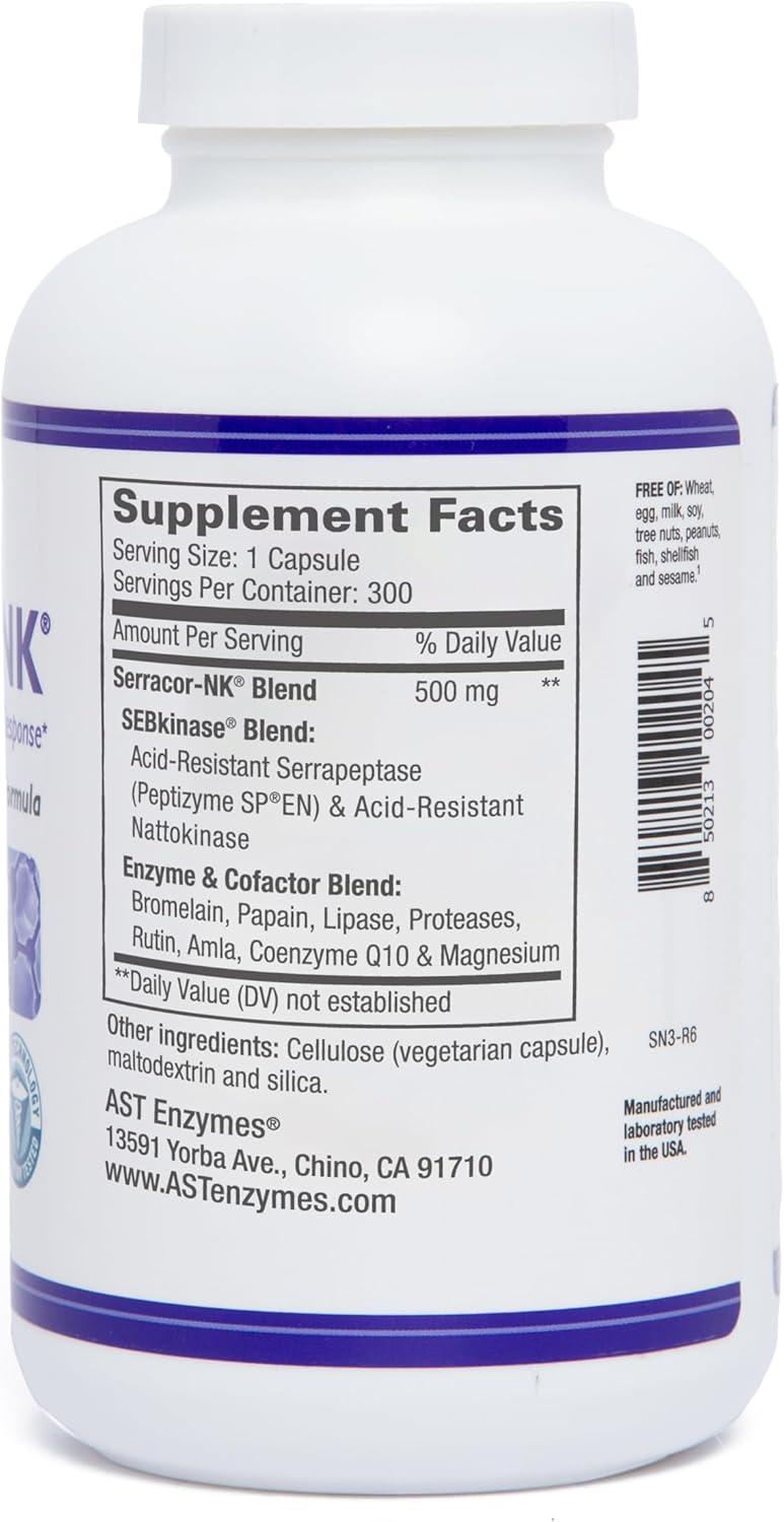 300 Vegetarian Capsules of AST Enzymes Serracor-NK for Circulatory and Respiratory Support - Natural Enzymes Formula with Serrapeptase & Nattokinase