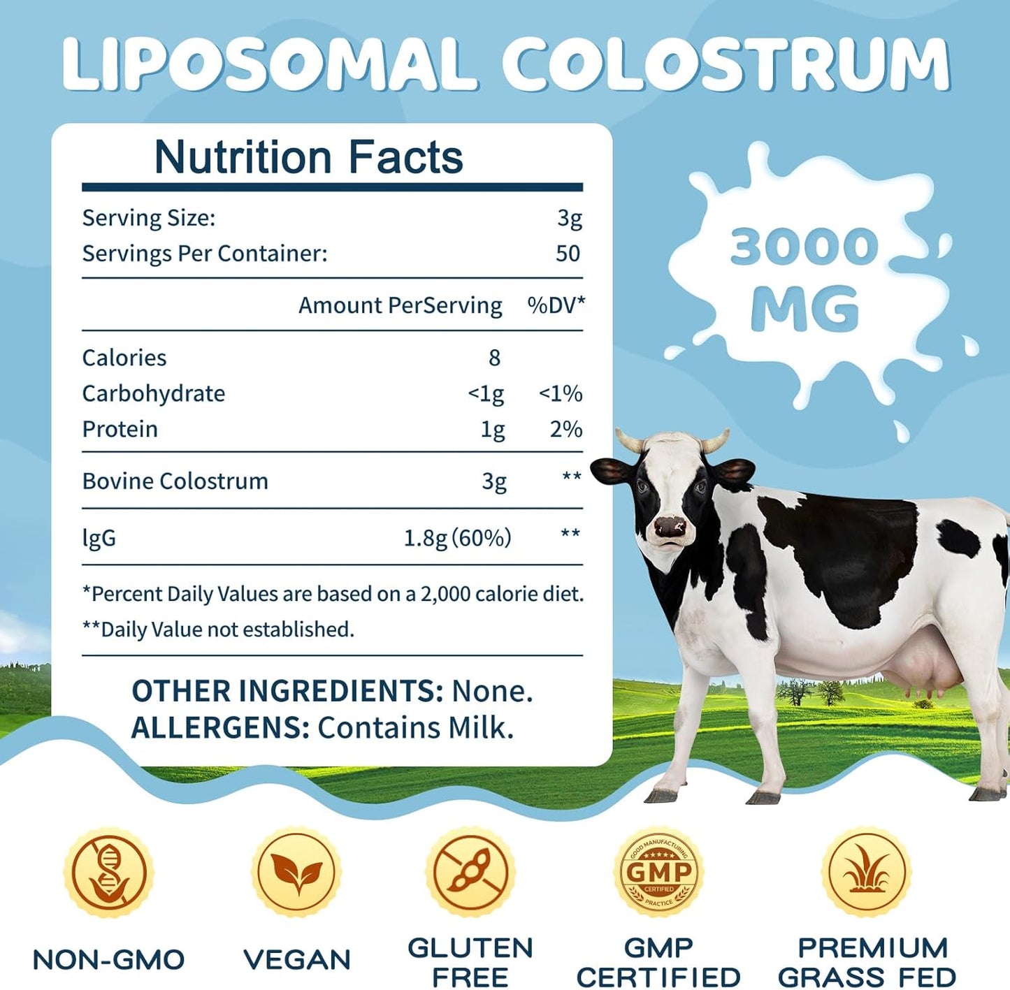 3000 mg Bovine Colostrum Powder Supplement for Gut Health & Immune Support - Grass Fed Colostrum Powder, 50 Servings - BoostGo Australia