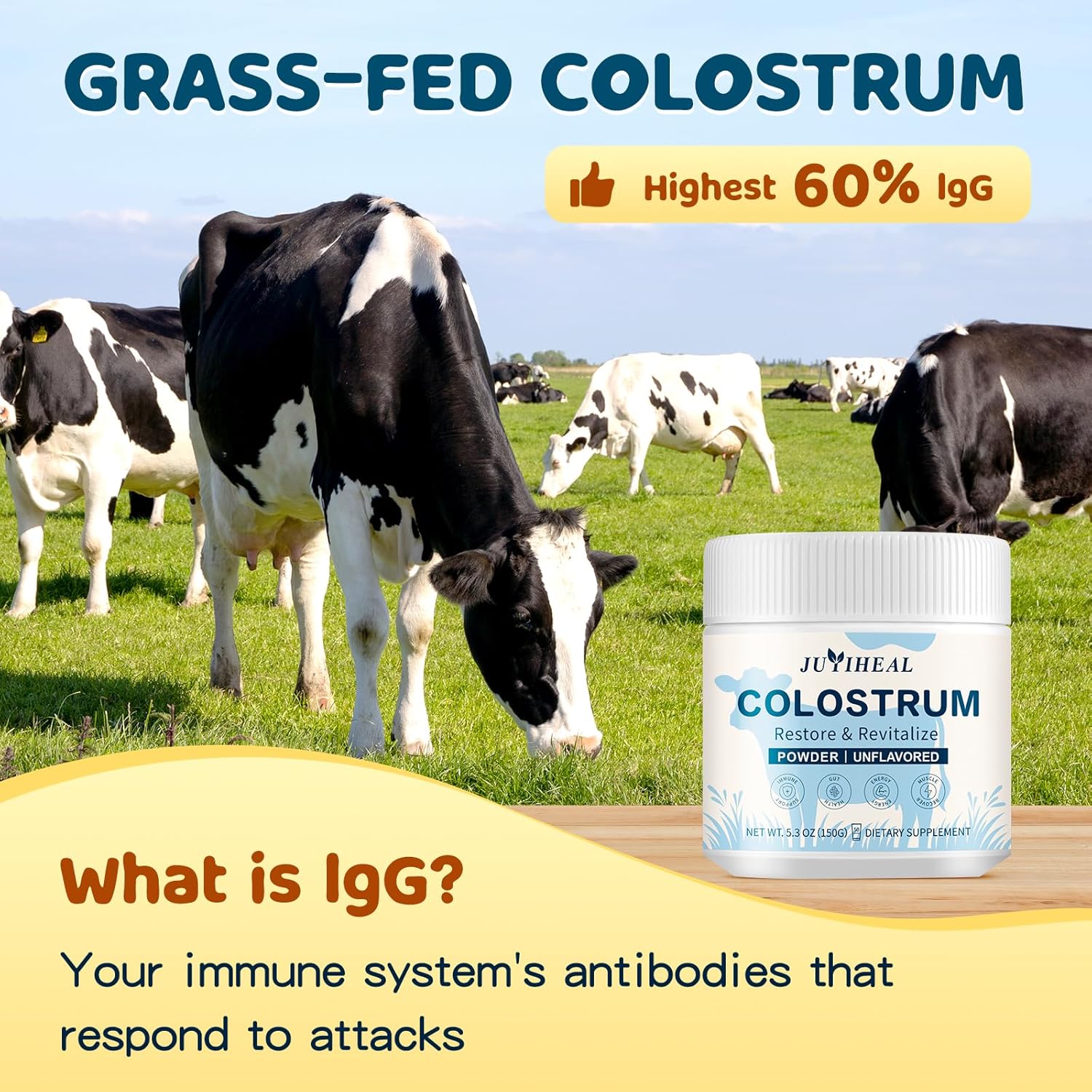 3000 mg Bovine Colostrum Powder Supplement for Gut Health & Immune Support - Grass Fed Colostrum Powder, 50 Servings - BoostGo Australia