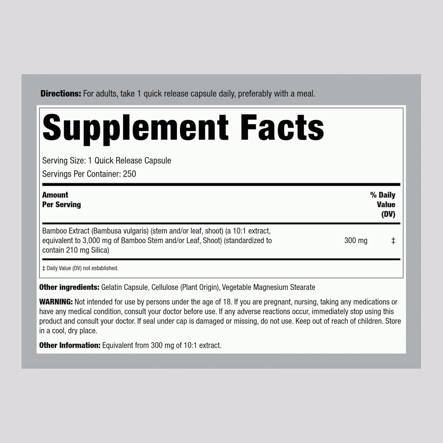 3000mg Bamboo Extract Capsules - 250 Count Herbal Supplement with 210mg Silica - Non-GMO & Gluten Free