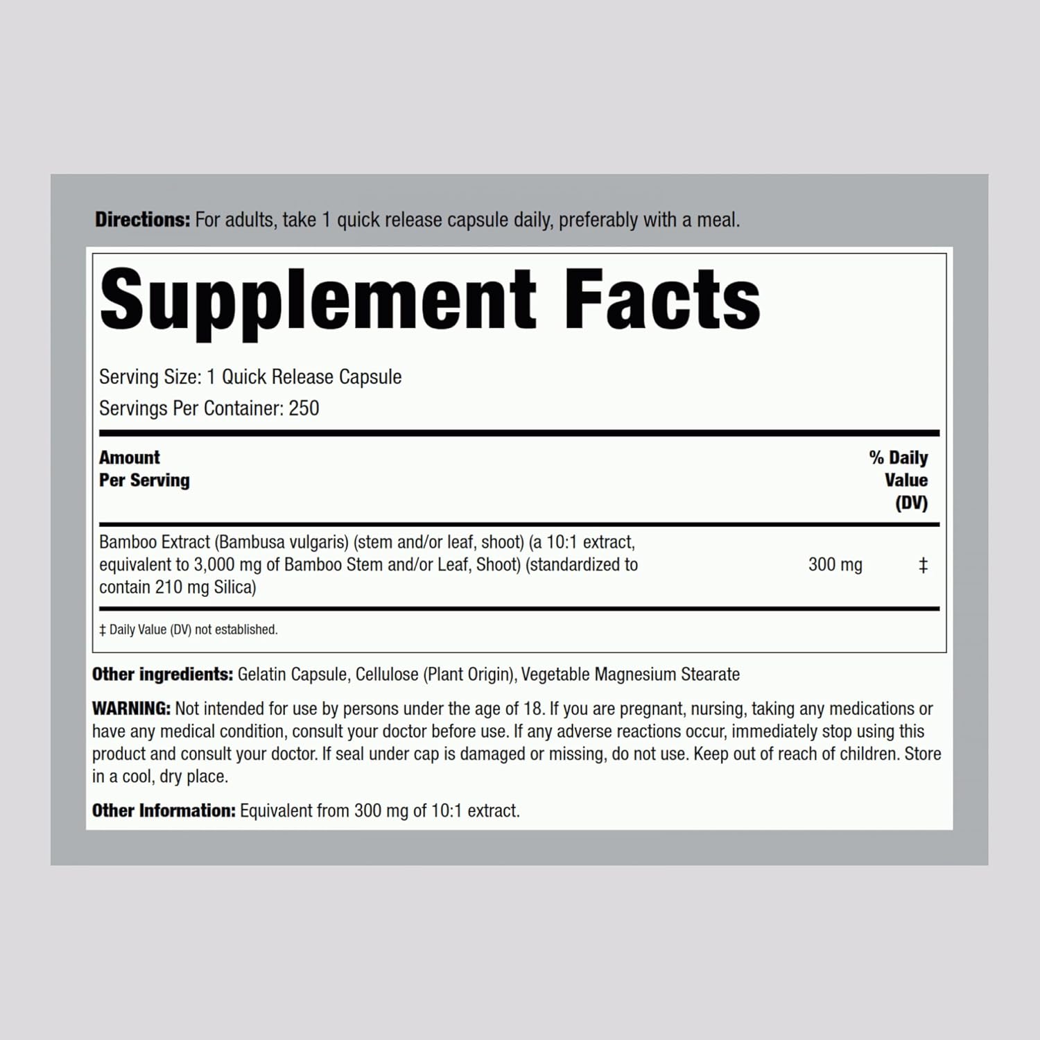 3000mg Bamboo Extract Capsules - 250 Count Herbal Supplement with 210mg Silica - Non-GMO & Gluten Free