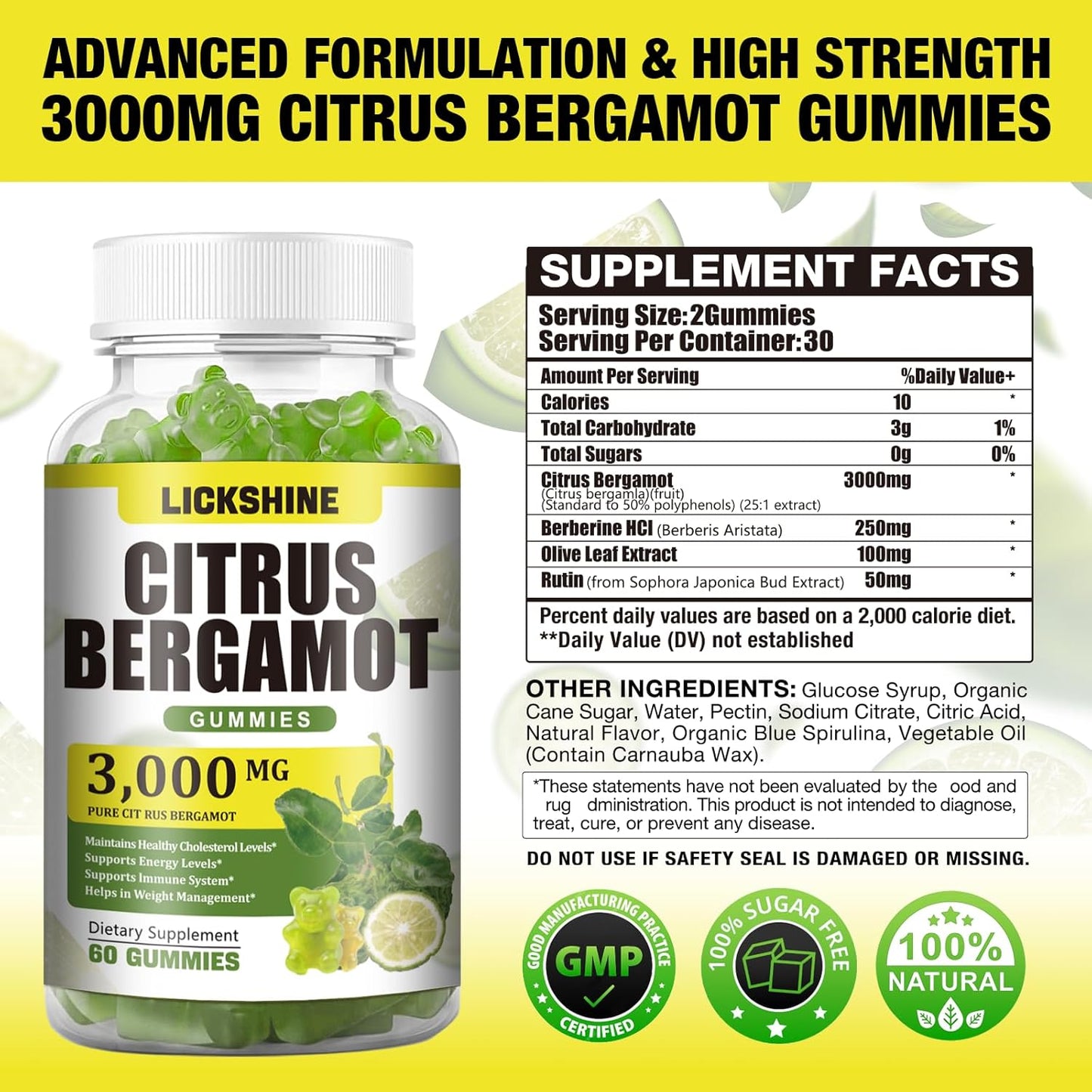 3000MG Citrus Bergamot Gummies - Cholesterol Lowering Supplement for Immune Support - Vegan Lime Flavor - 60 Count