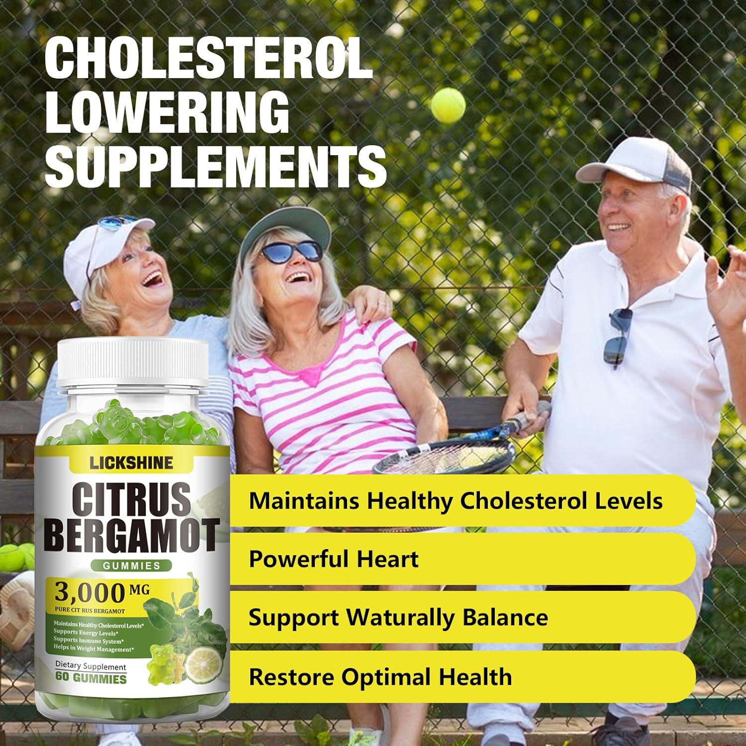 3000MG Citrus Bergamot Gummies - Cholesterol Lowering Supplement for Immune Support - Vegan Lime Flavor - 60 Count