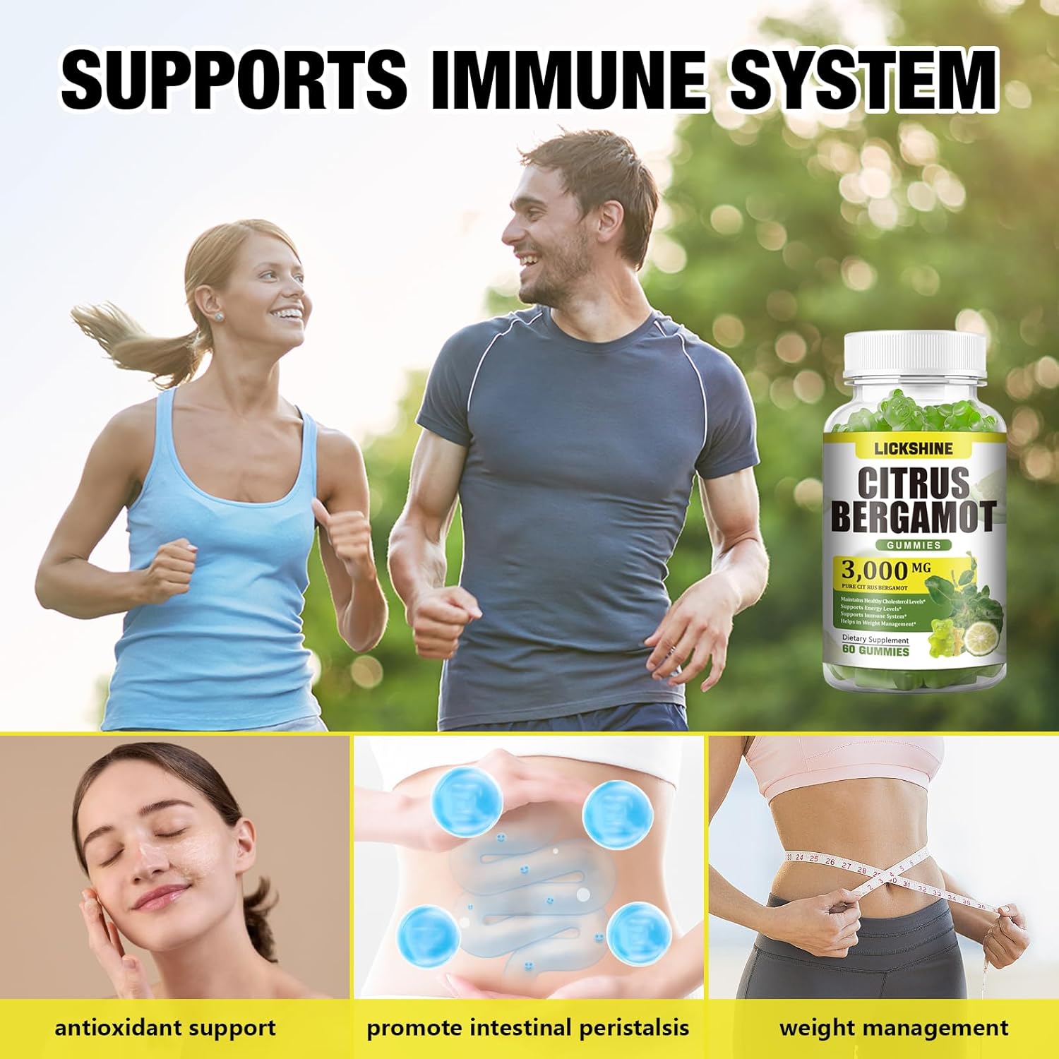 3000MG Citrus Bergamot Gummies - Cholesterol Lowering Supplement for Immune Support - Vegan Lime Flavor - 60 Count