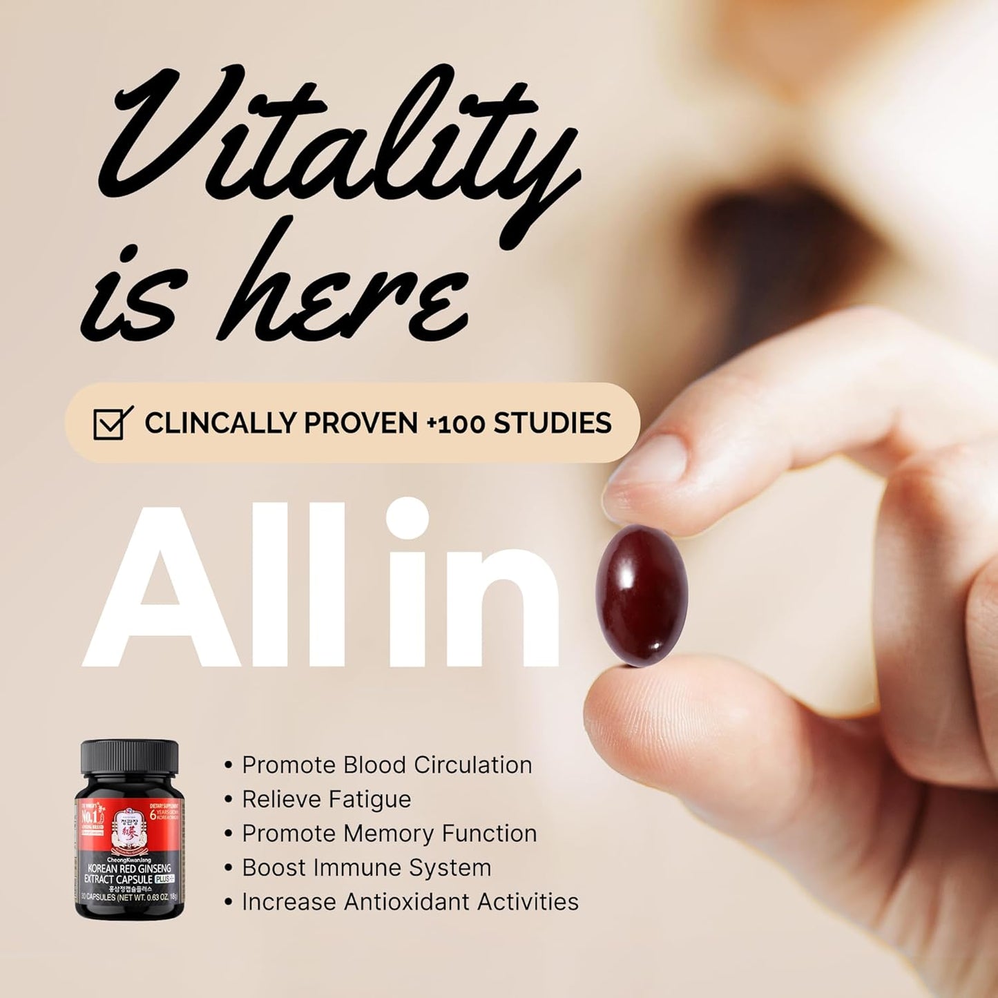 3000mg Korean Red Ginseng Extract Everytime Capsules - Sugar Free Energy Supplement for Stamina - 30 Count