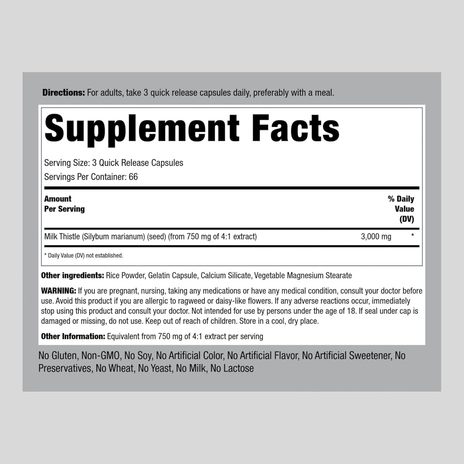 3000mg Milk Thistle Supplement Capsules - 200 Count, Concentrated Herbal Extract, Non-GMO & Gluten Free - Piping Rock