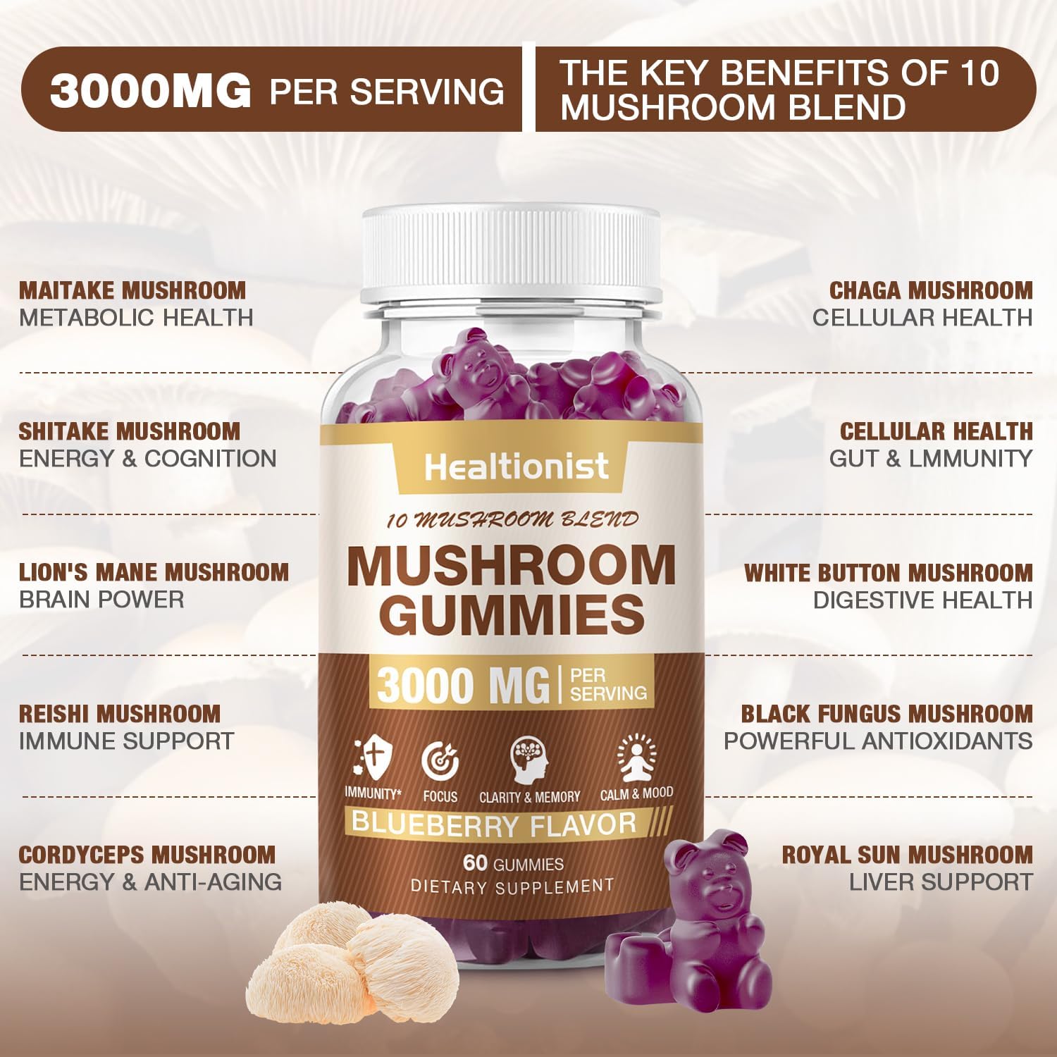 3000MG Mushroom Complex Gummies 10 Blend - Lion's Mane, Cordyceps, Shiitake, Reishi, Chaga - Brain, Immune Support, Stress Relief, Energy - Mushroom Supplement 60ct for Men & Women