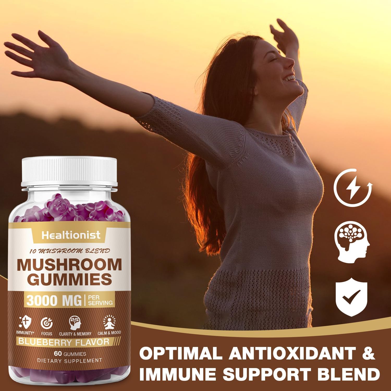 3000MG Mushroom Complex Gummies 10 Blend - Lion's Mane, Cordyceps, Shiitake, Reishi, Chaga - Brain, Immune Support, Stress Relief, Energy - Mushroom Supplement 60ct for Men & Women