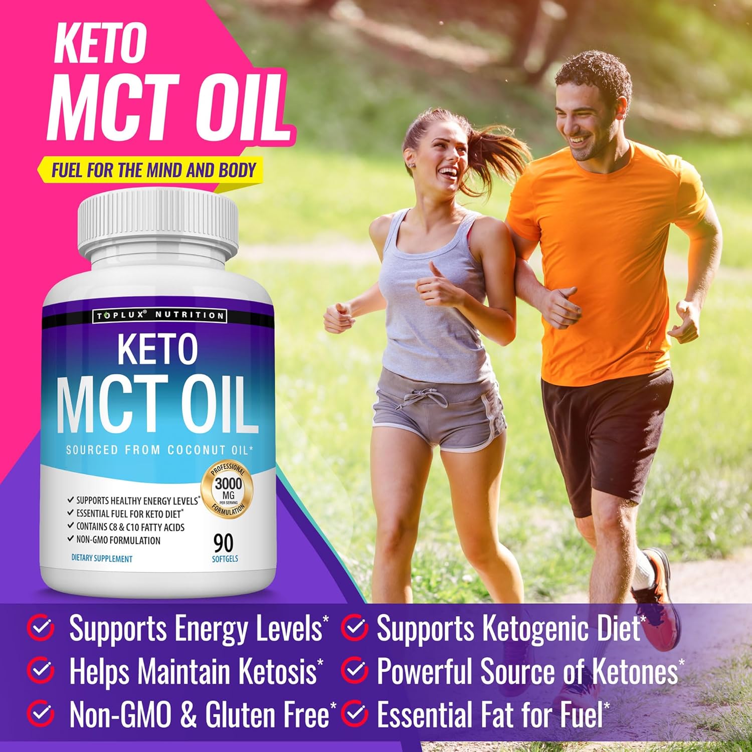 3000mg Toplux Keto MCT Oil Capsules - Pure Coconut Oil Extract Pills for Energy Source, Easy to Digest Softgels for Men and Women - 90 Count Supplement