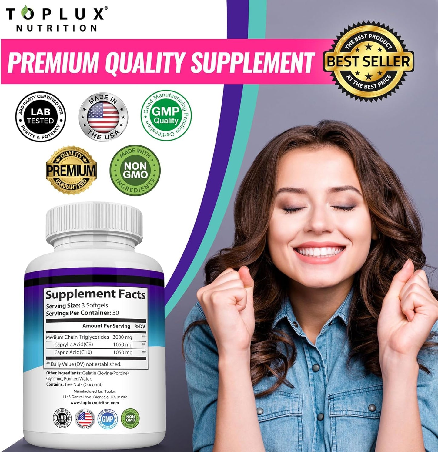 3000mg Toplux Keto MCT Oil Capsules - Pure Coconut Oil Extract Pills for Energy Source, Easy to Digest Softgels for Men and Women - 90 Count Supplement