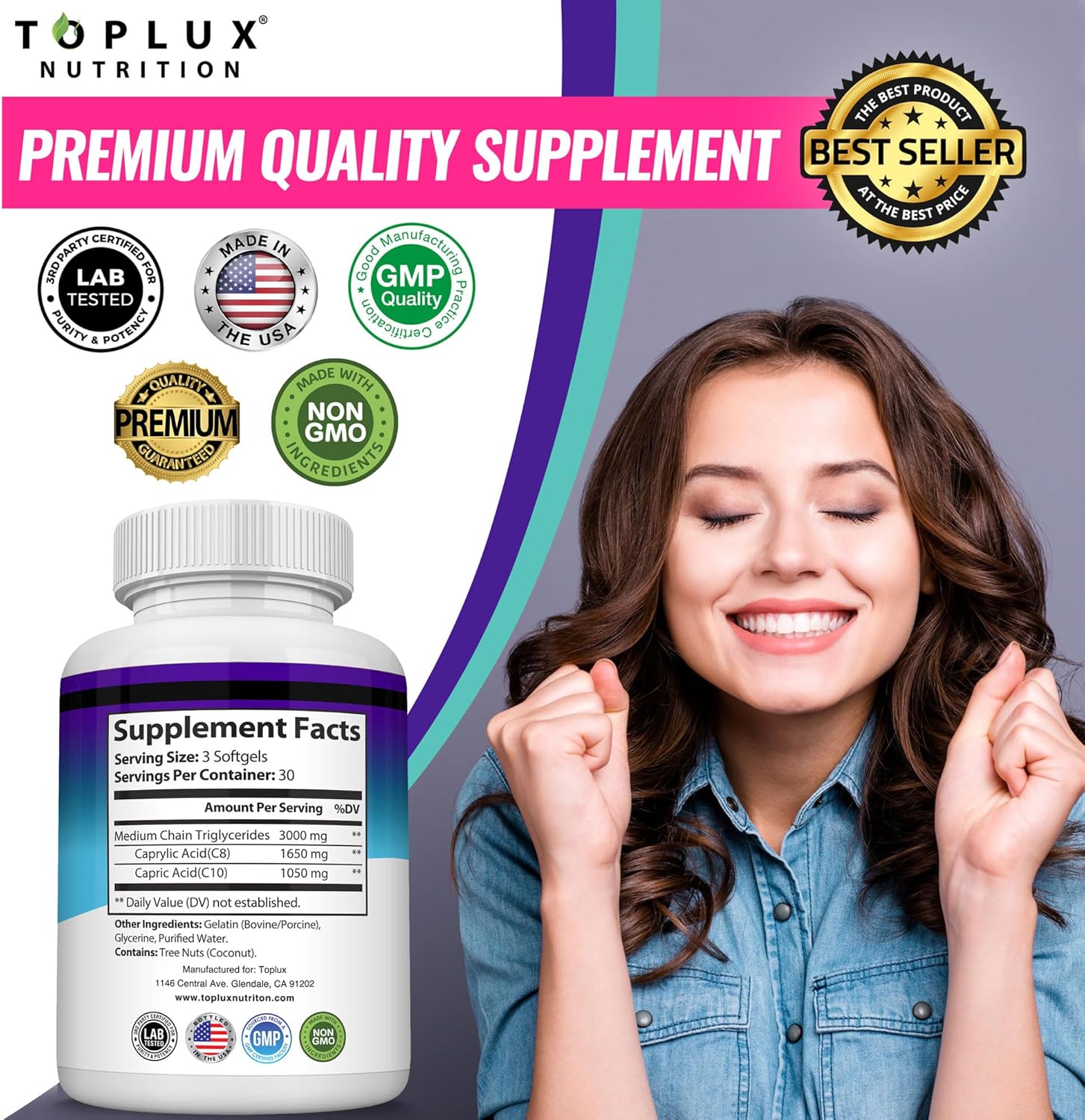 3000mg Toplux Keto MCT Oil Capsules - Pure Coconut Oil Extract Pills for Energy Source, Easy to Digest Softgels for Men and Women - 90 Count Supplement