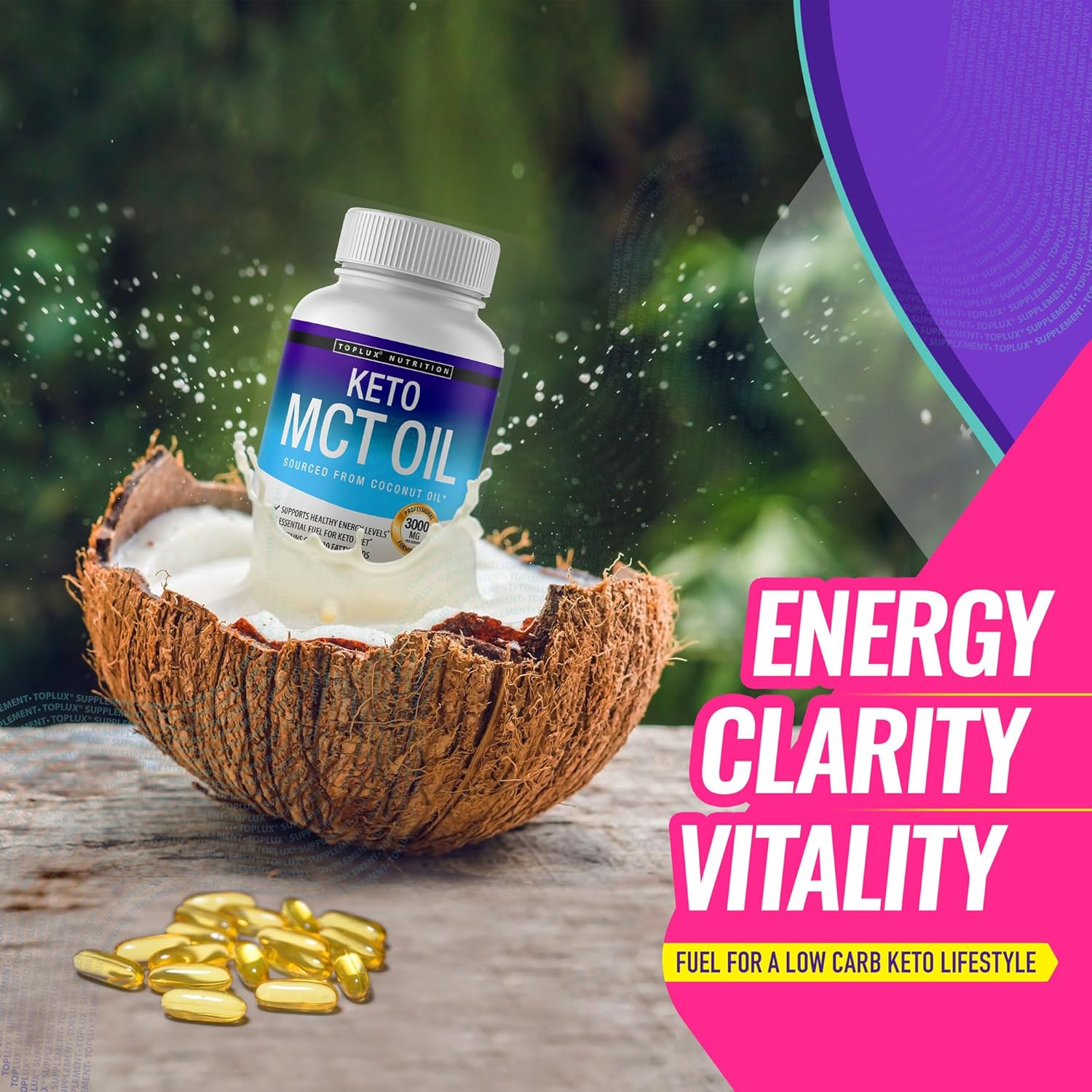 3000mg Toplux Keto MCT Oil Capsules - Pure Coconut Oil Extract Pills for Energy Source, Easy to Digest Softgels for Men and Women - 90 Count Supplement