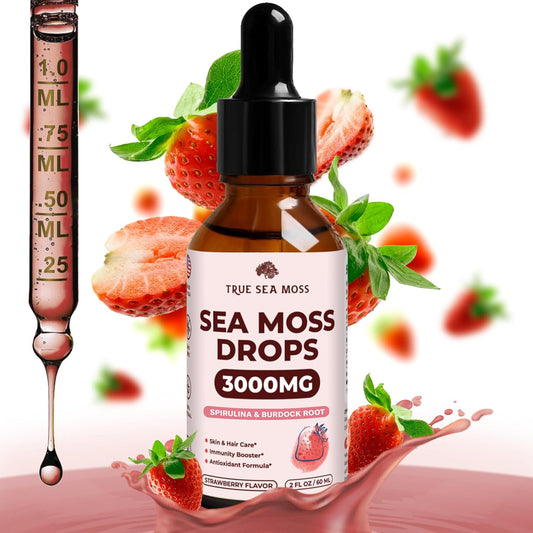 3000mg TrueSeaMoss Drops with Spirulina & Burdock Root for Digestive & Immune Support - 2 Fl Oz Strawberry Flavor