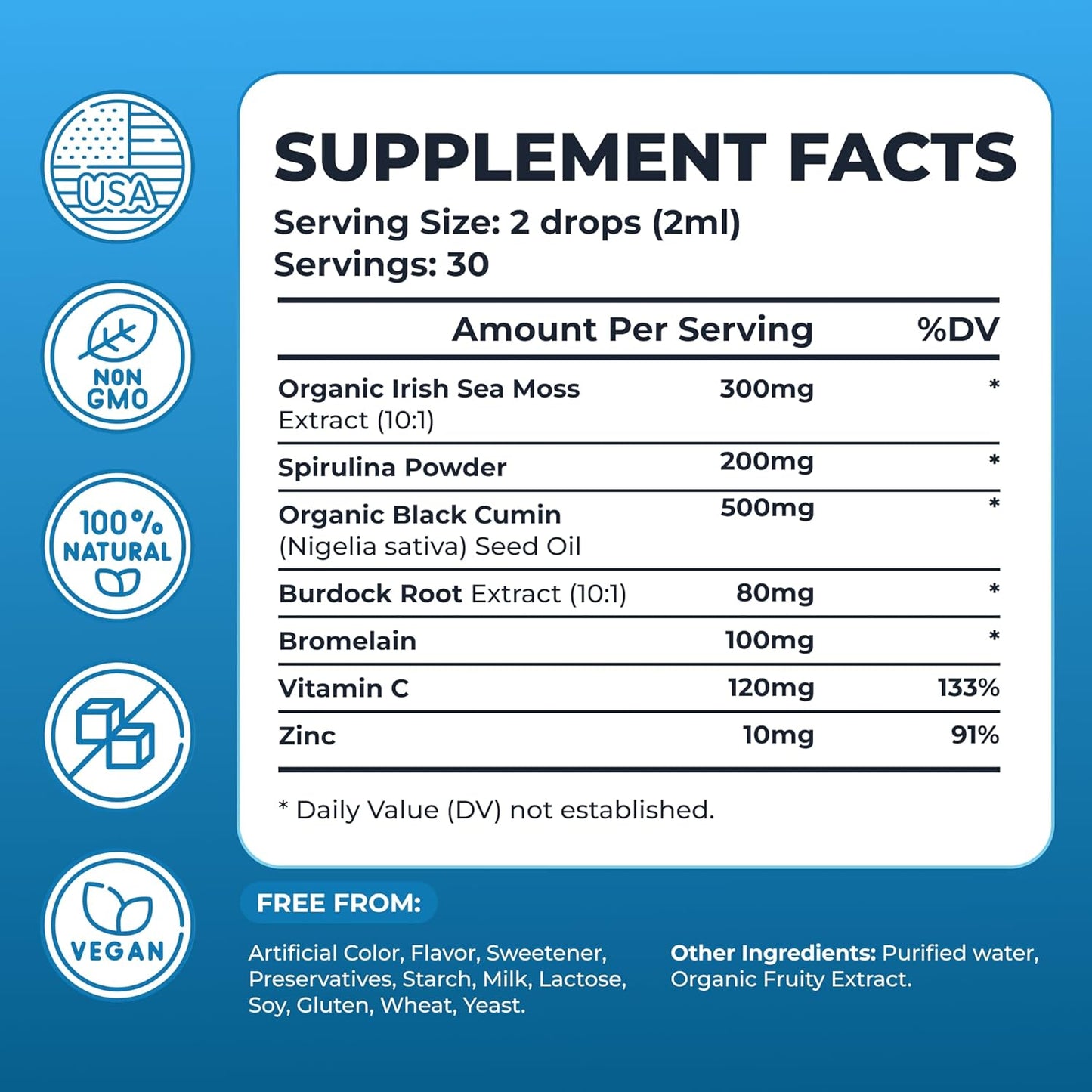 3000mg TrueSeaMoss Drops with Spirulina & Burdock Root for Digestive & Immune Support - 2 Fl Oz Strawberry Flavor