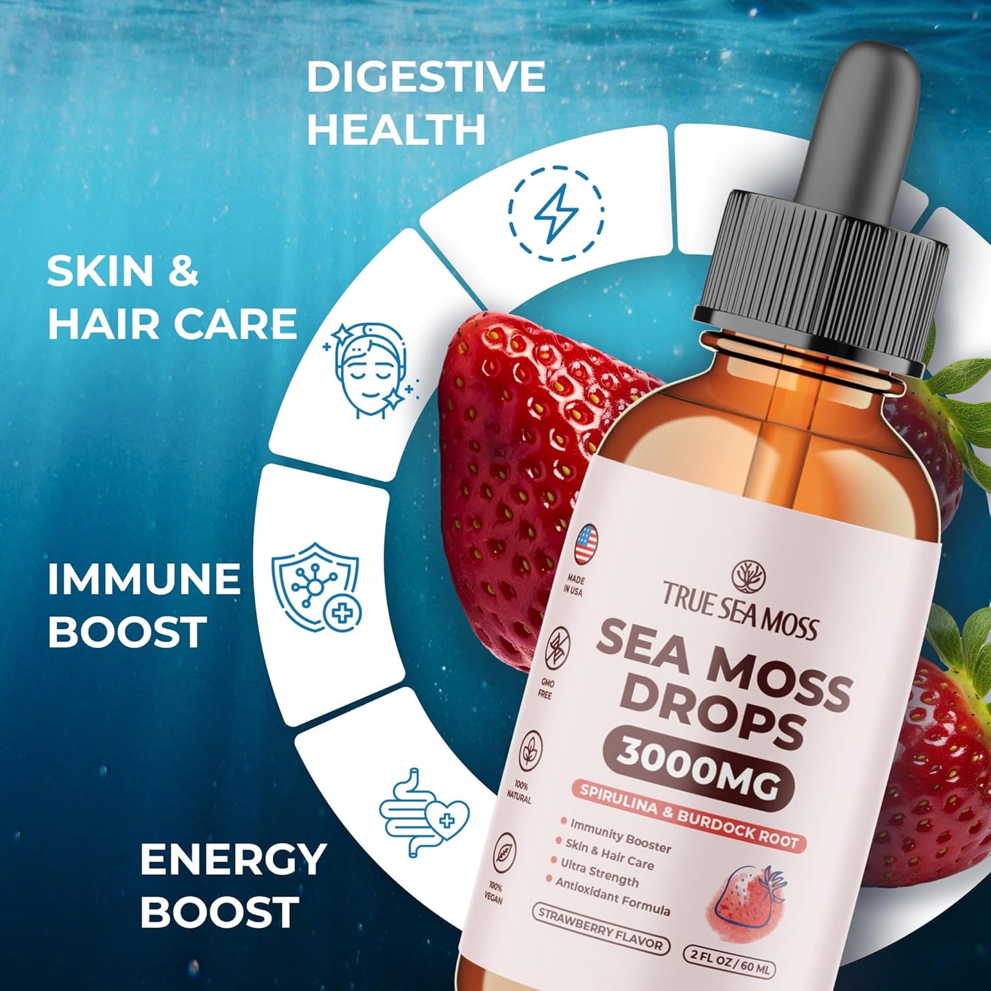 3000mg TrueSeaMoss Drops with Spirulina & Burdock Root for Digestive & Immune Support - 2 Fl Oz Strawberry Flavor